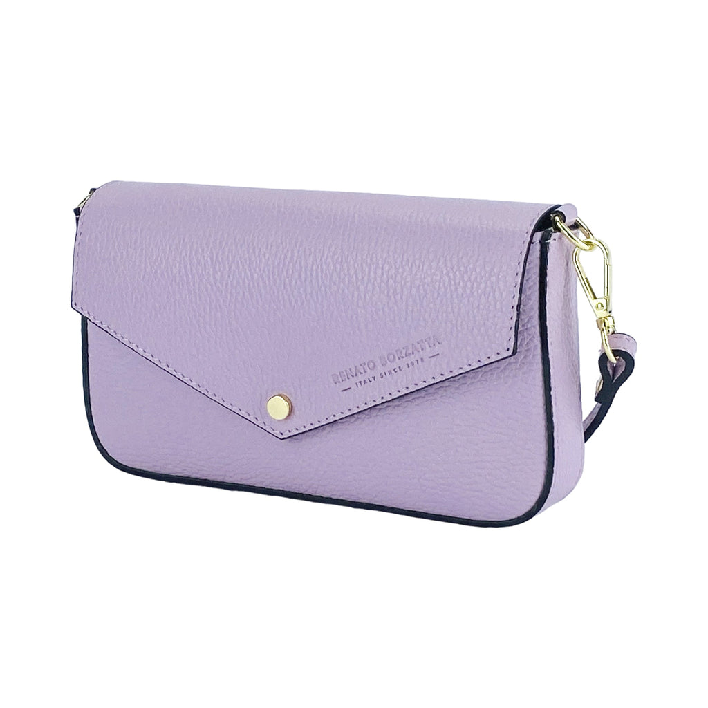 Small Shoulder Bag with Removable Chain Strap in Genuine Leather Made in Italy. Closure flap - Lilac color