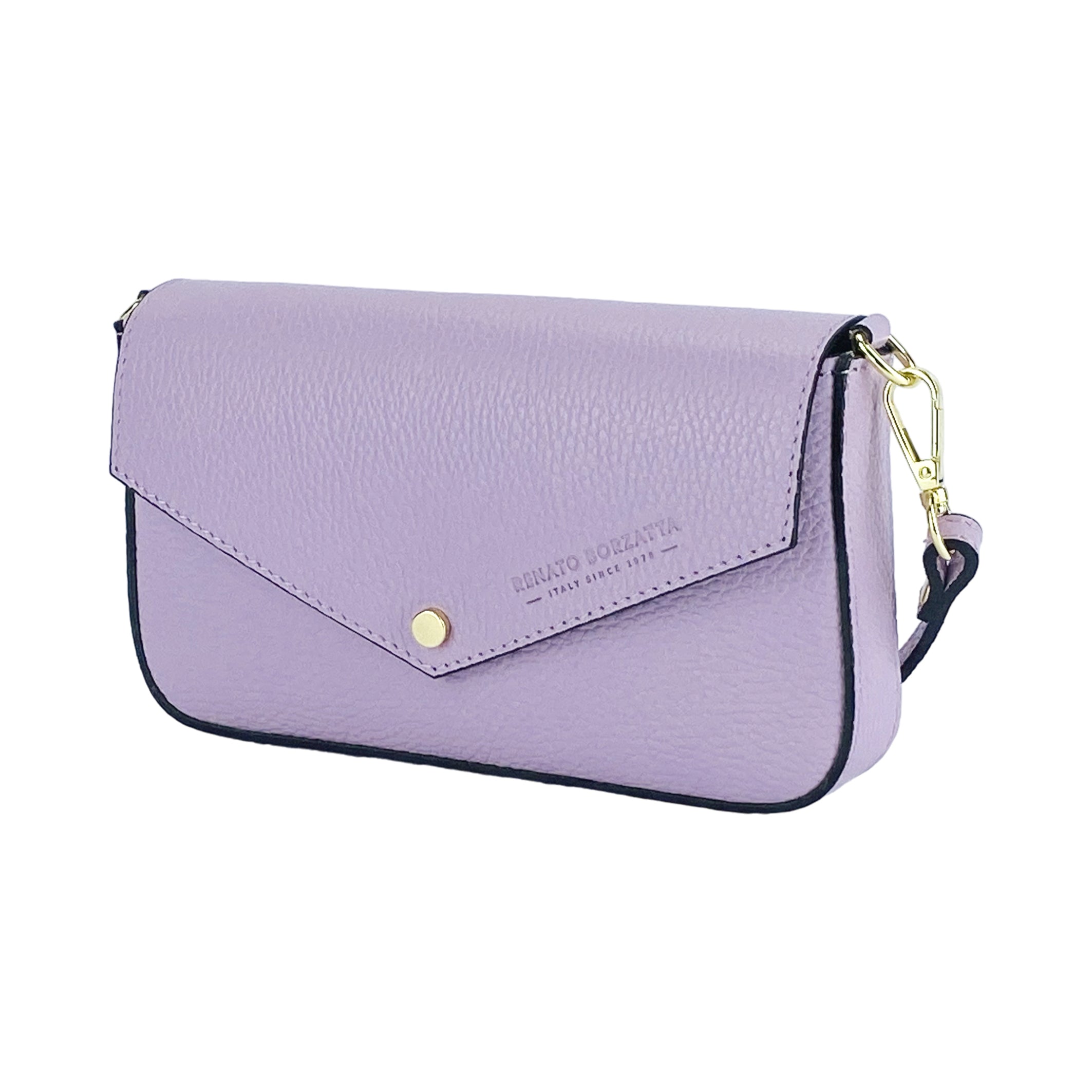 Small Shoulder Bag with Removable Chain Strap in Genuine Leather Made in Italy. Closure flap - Lilac color