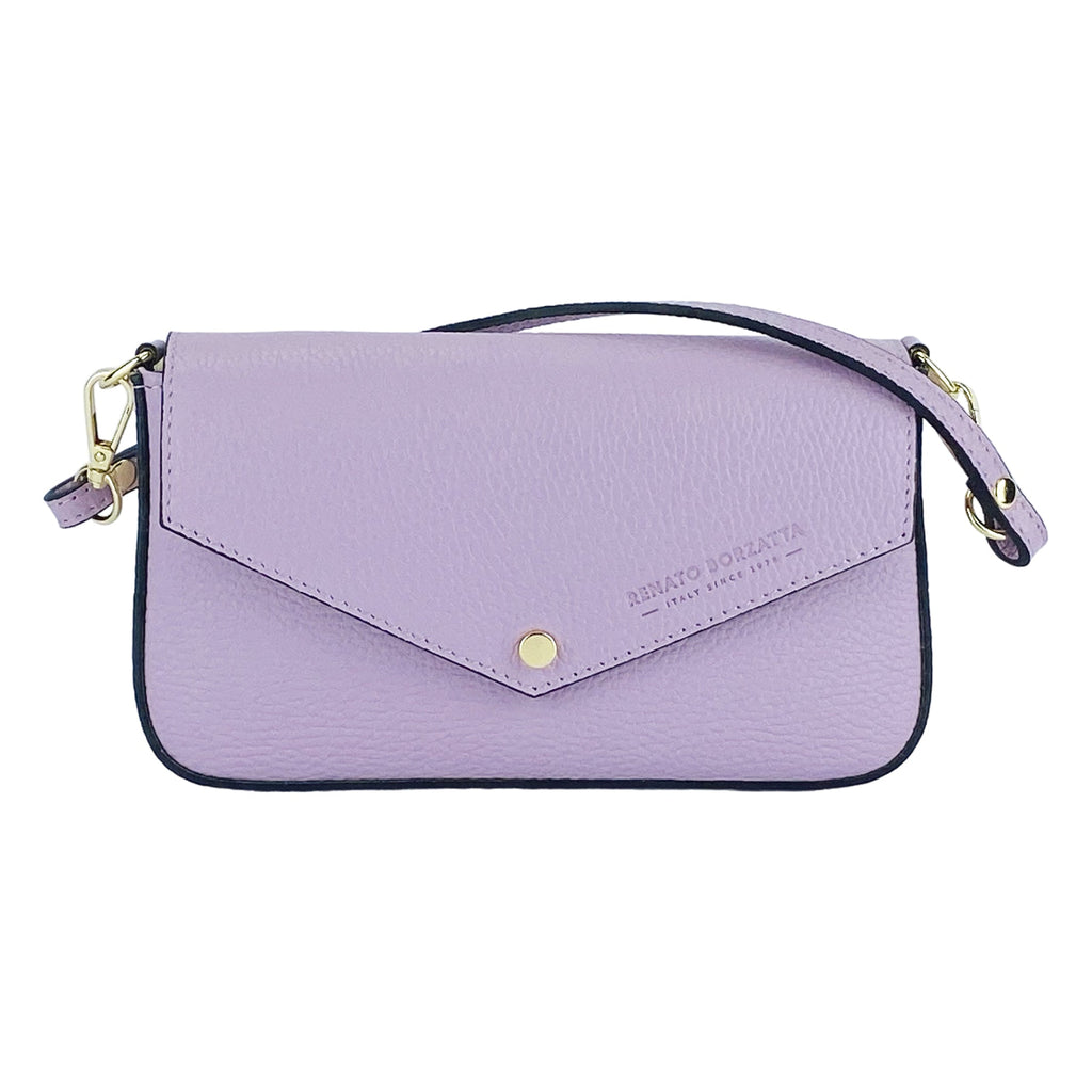 Small Shoulder Bag with Removable Chain Strap in Genuine Leather Made in Italy. Closure flap - Lilac color