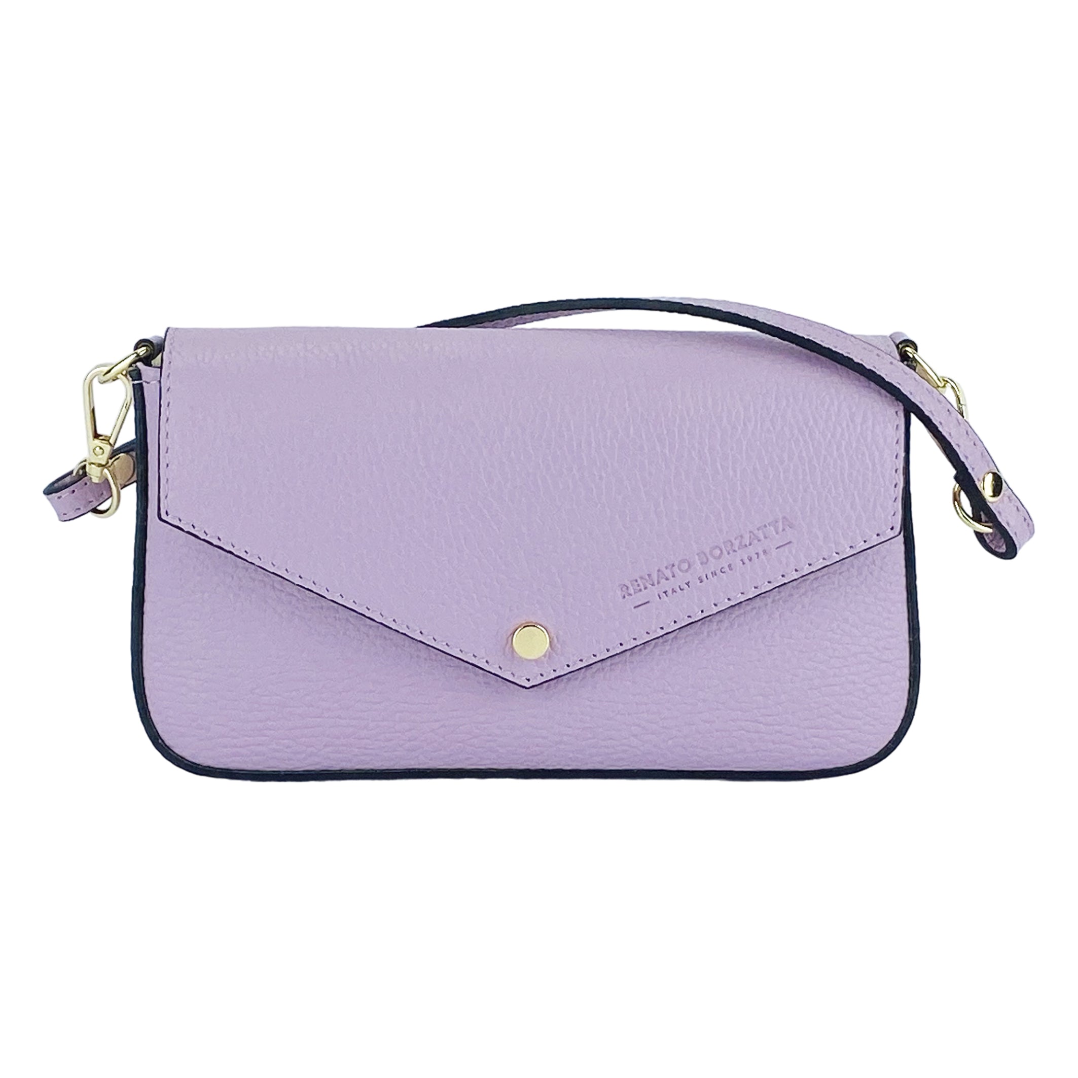 Small Shoulder Bag with Removable Chain Strap in Genuine Leather Made in Italy. Closure flap - Lilac color