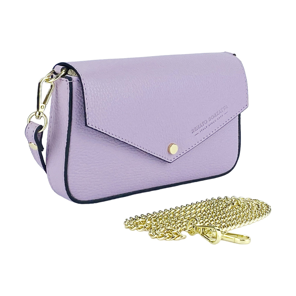 Small Shoulder Bag with Removable Chain Strap in Genuine Leather Made in Italy. Closure flap - Lilac color