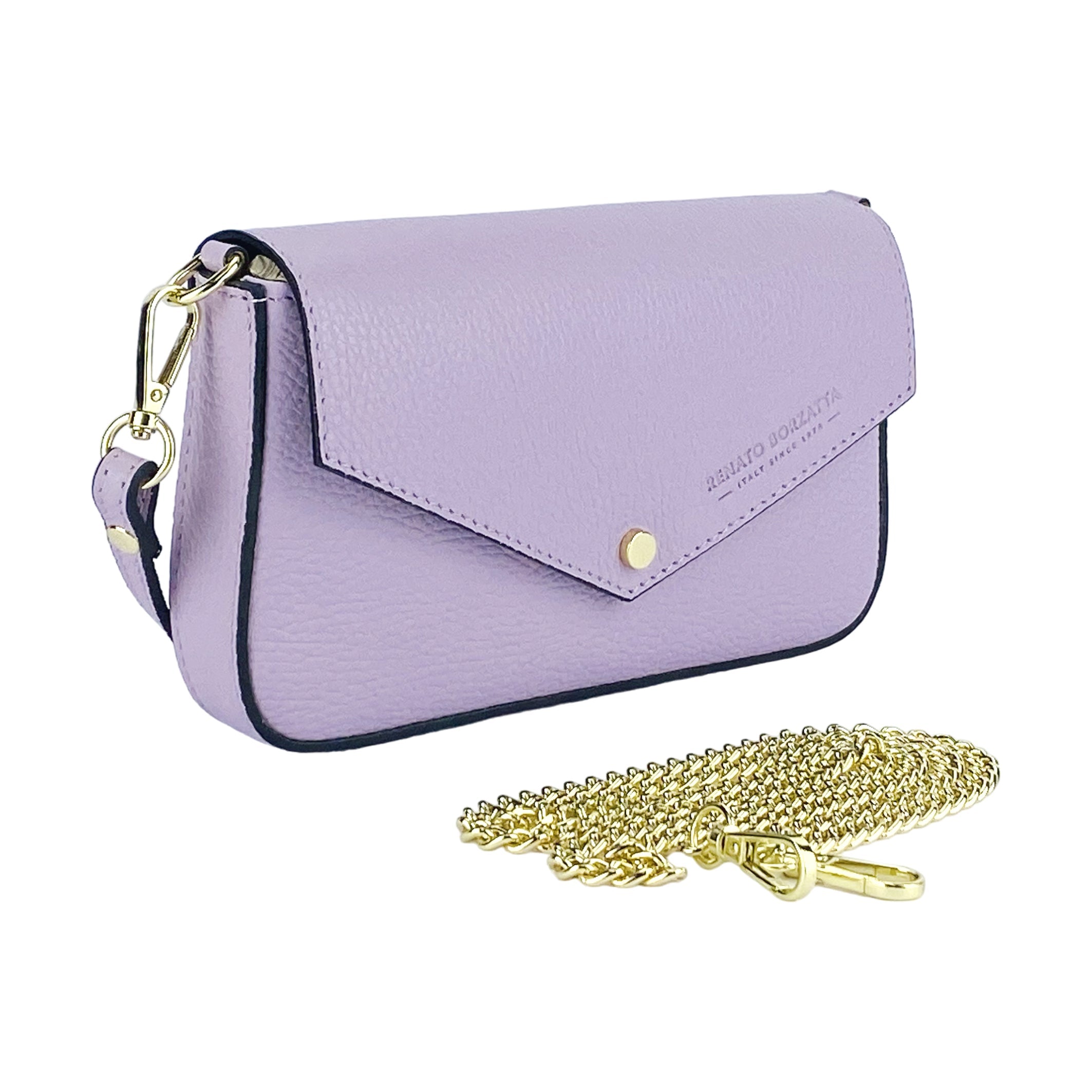 Small Shoulder Bag with Removable Chain Strap in Genuine Leather Made in Italy. Closure flap - Lilac color