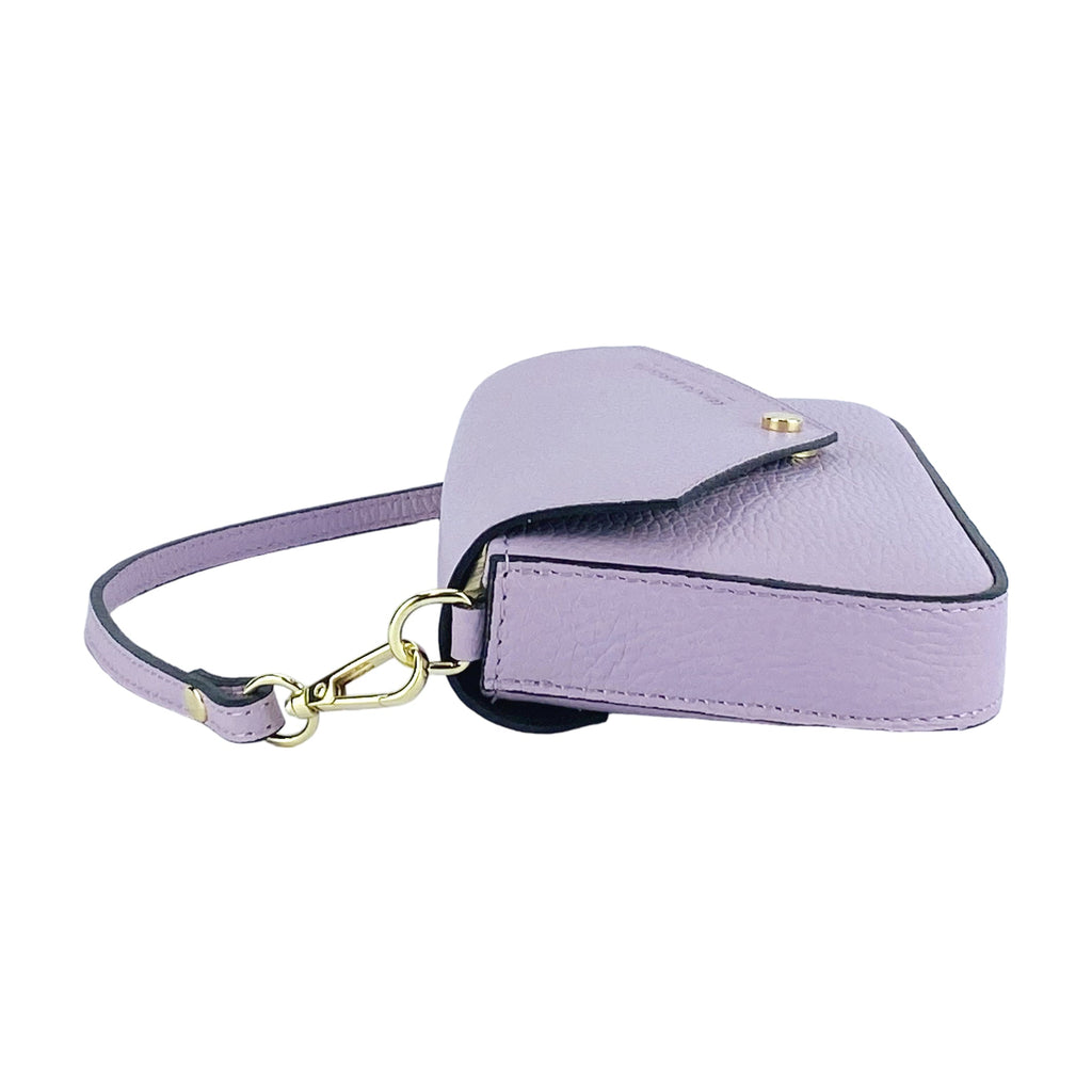 Small Shoulder Bag with Removable Chain Strap in Genuine Leather Made in Italy. Closure flap - Lilac color