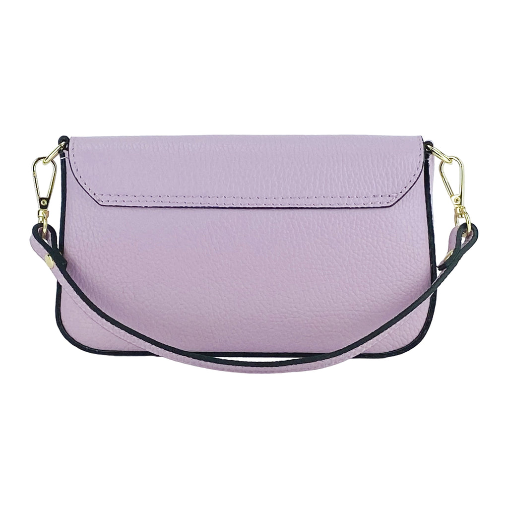 Small Shoulder Bag with Removable Chain Strap in Genuine Leather Made in Italy. Closure flap - Lilac color