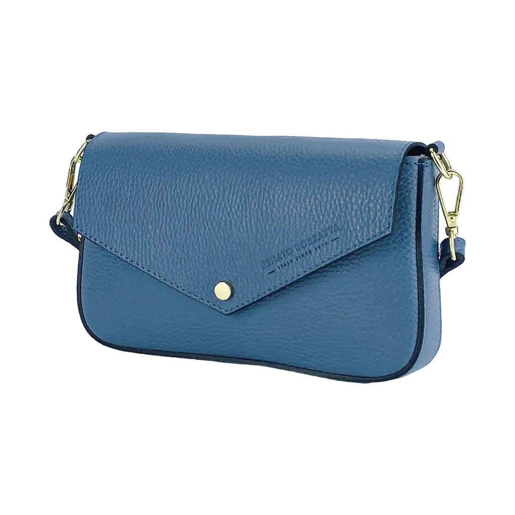 Small Shoulder Bag with Removable Chain Strap in Genuine Leather Made in Italy. Flap Closure. Shiny Gold metal hardware - Avio color