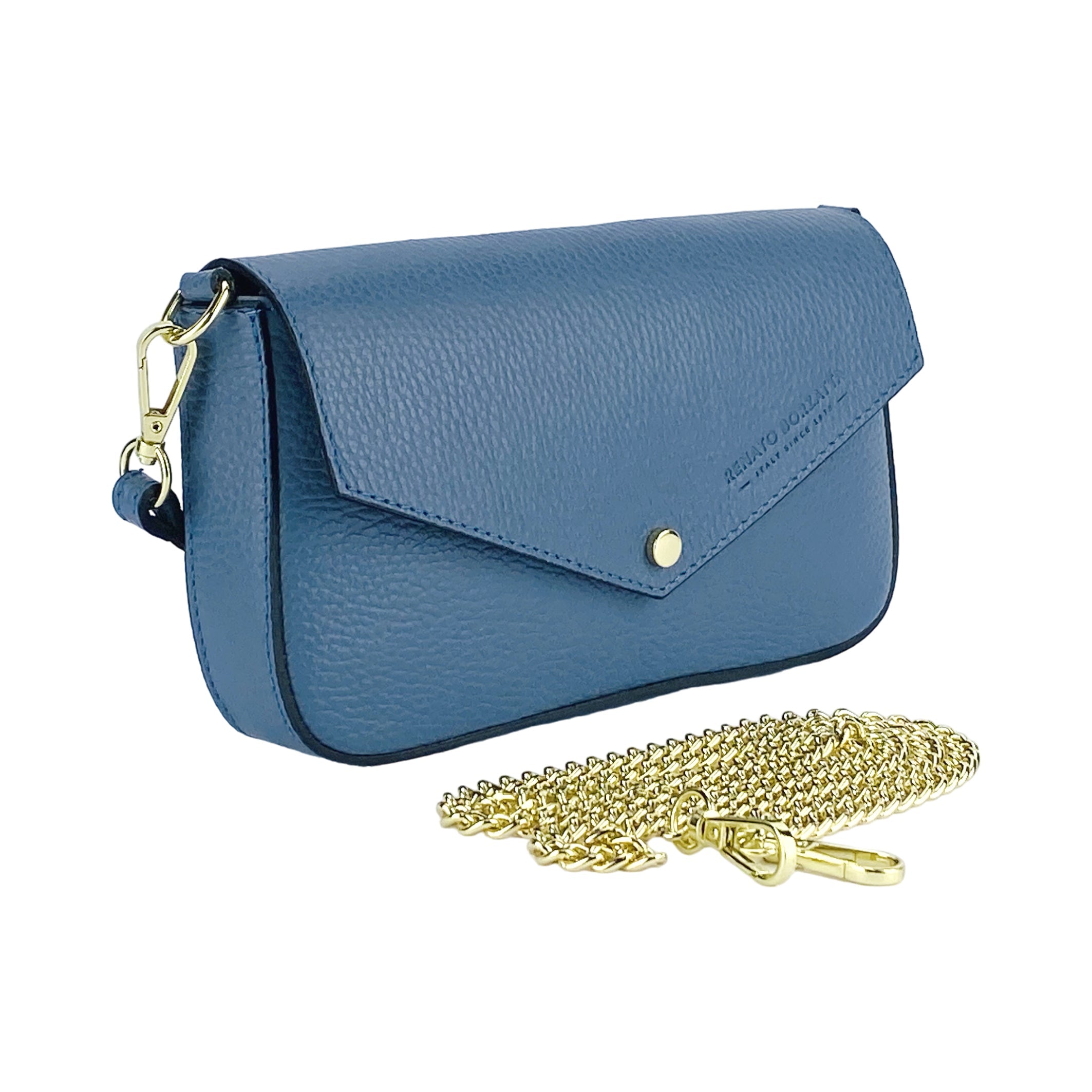 Small Shoulder Bag with Removable Chain Strap in Genuine Leather Made in Italy. Flap Closure. Shiny Gold metal hardware - Avio color