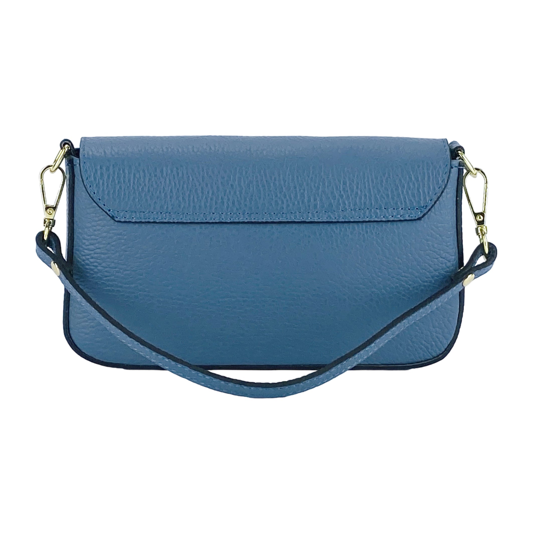 Small Shoulder Bag with Removable Chain Strap in Genuine Leather Made in Italy. Flap Closure. Shiny Gold metal hardware - Avio color