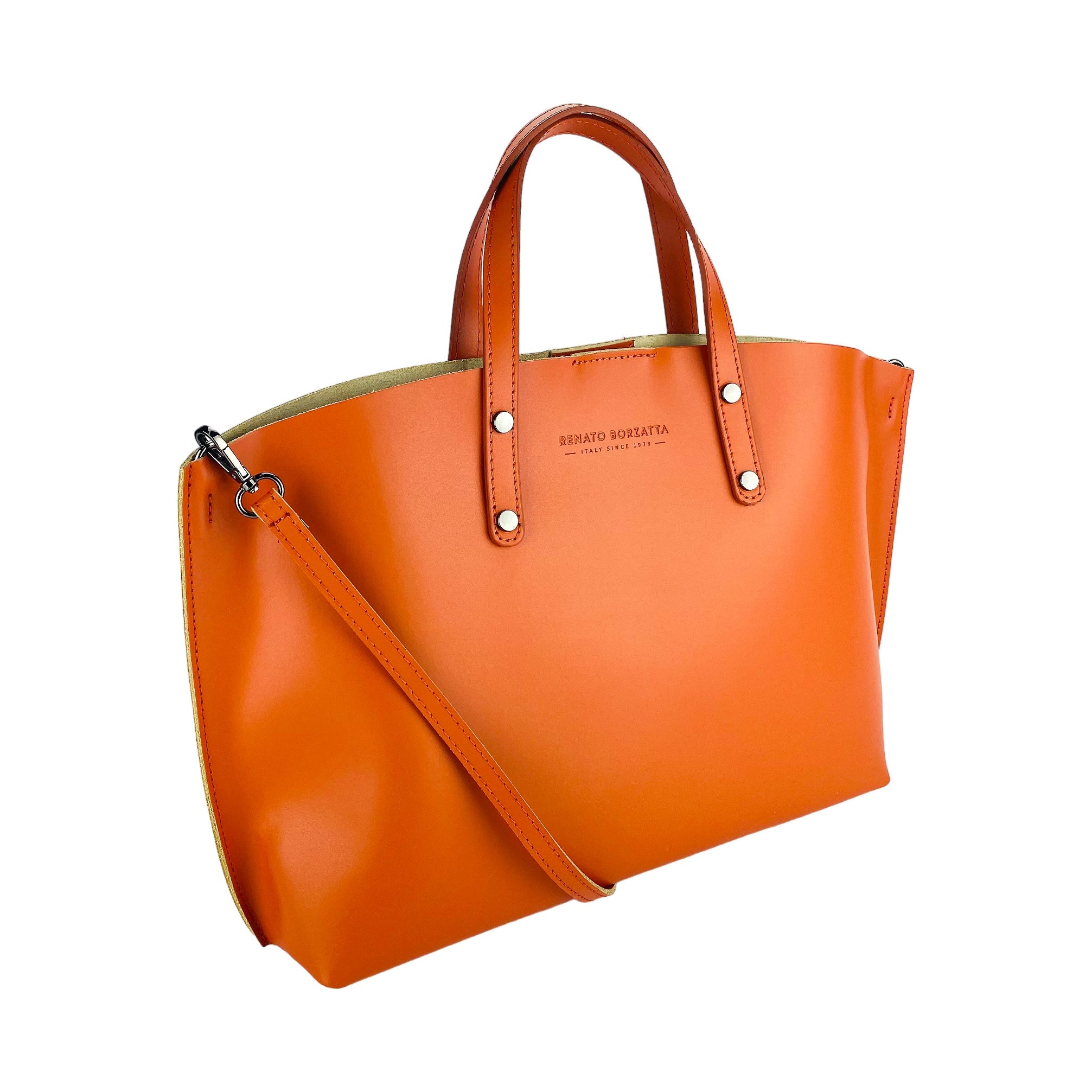 Women's Made in Italy Genuine Leather Hand Bag with removable shoulder strap. Large removable internal bag. Polished Gunmetal Accessories - Paprika color
