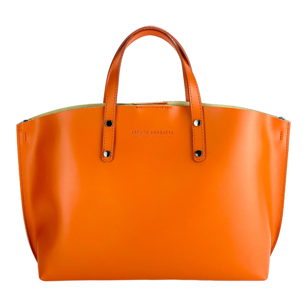 Women's Made in Italy Genuine Leather Hand Bag with removable shoulder strap. Large removable internal bag. Polished Gunmetal Accessories - Paprika color