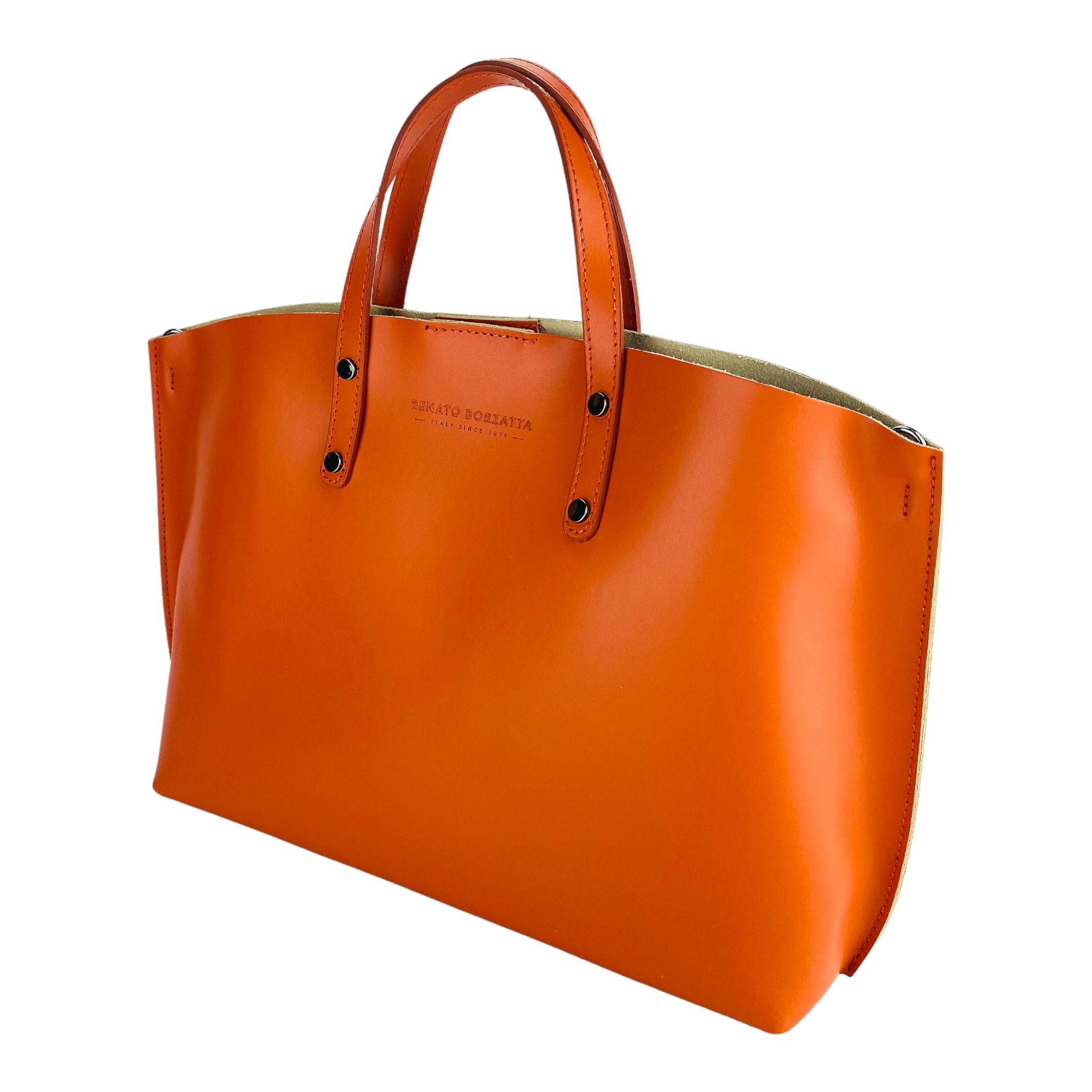 Women's Made in Italy Genuine Leather Hand Bag with removable shoulder strap. Large removable internal bag. Polished Gunmetal Accessories - Paprika color