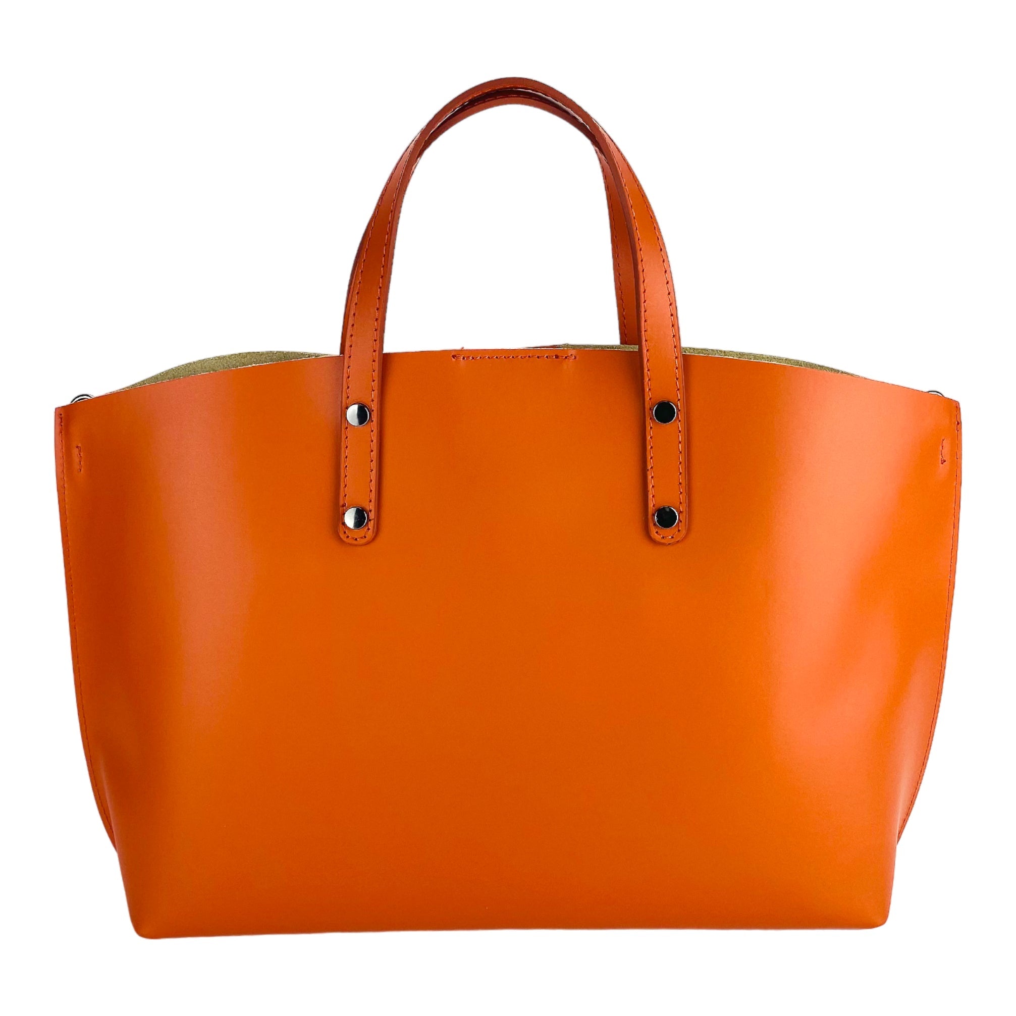 Women's Made in Italy Genuine Leather Hand Bag with removable shoulder strap. Large removable internal bag. Polished Gunmetal Accessories - Paprika color
