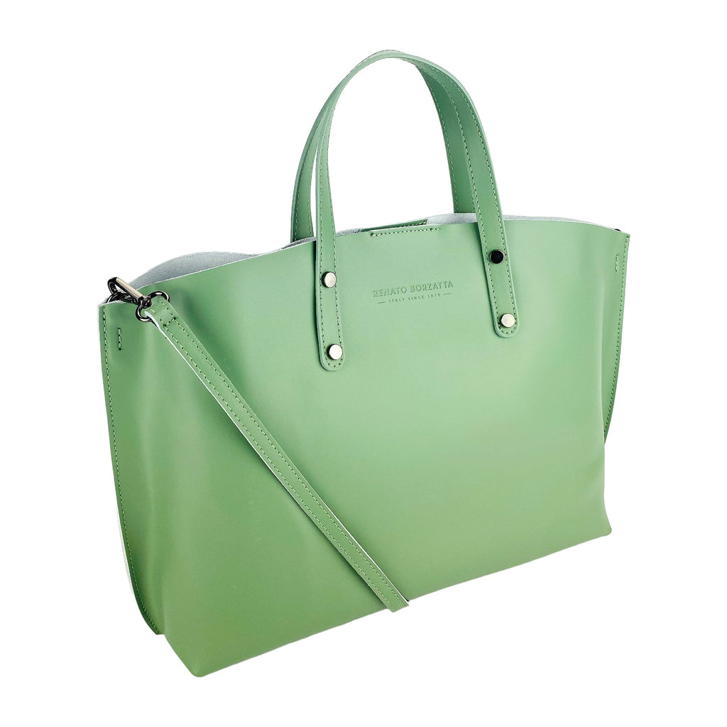 Women's Genuine Leather Hand Bag Made in Italy with removable shoulder strap. Large removable internal bag. Shiny Gunmetal Accessories - Mint Color