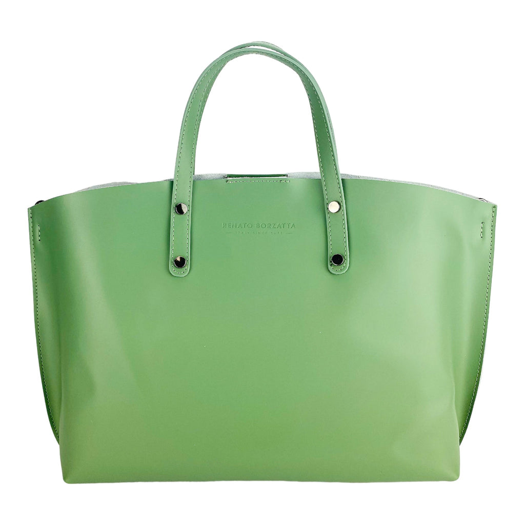 Women's Genuine Leather Hand Bag Made in Italy with removable shoulder strap. Large removable internal bag. Shiny Gunmetal Accessories - Mint Color