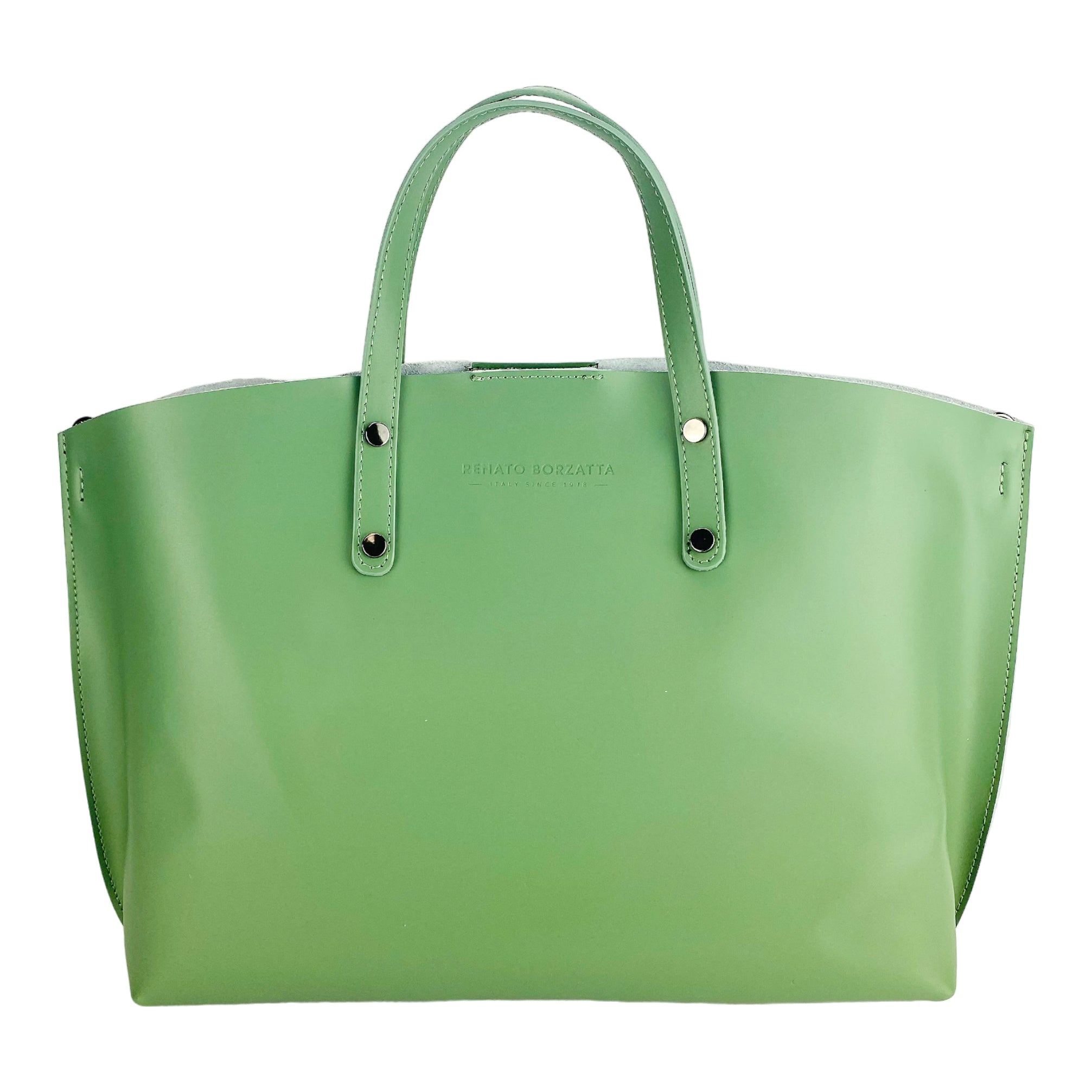 Women's Genuine Leather Hand Bag Made in Italy with removable shoulder strap. Large removable internal bag. Shiny Gunmetal Accessories - Mint Color