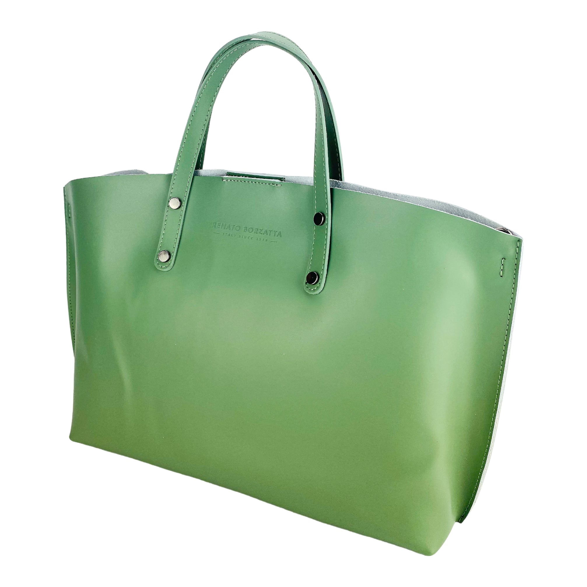 Women's Genuine Leather Hand Bag Made in Italy with removable shoulder strap. Large removable internal bag. Shiny Gunmetal Accessories - Mint Color