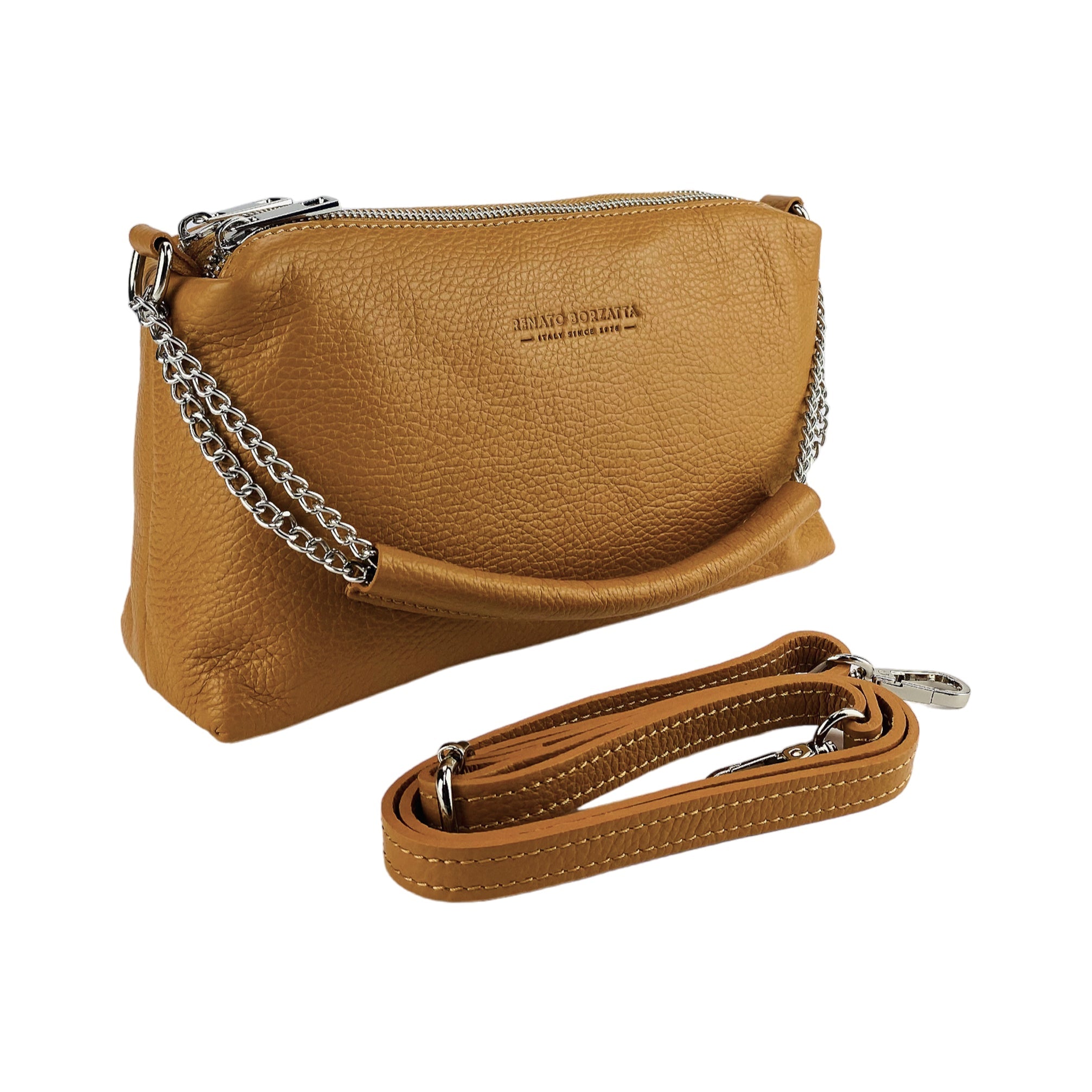 Women's Hand Bag with double zipper in Genuine Leather Made in Italy. Adjustable leather shoulder strap. Polished Nickel hardware - Cognac color