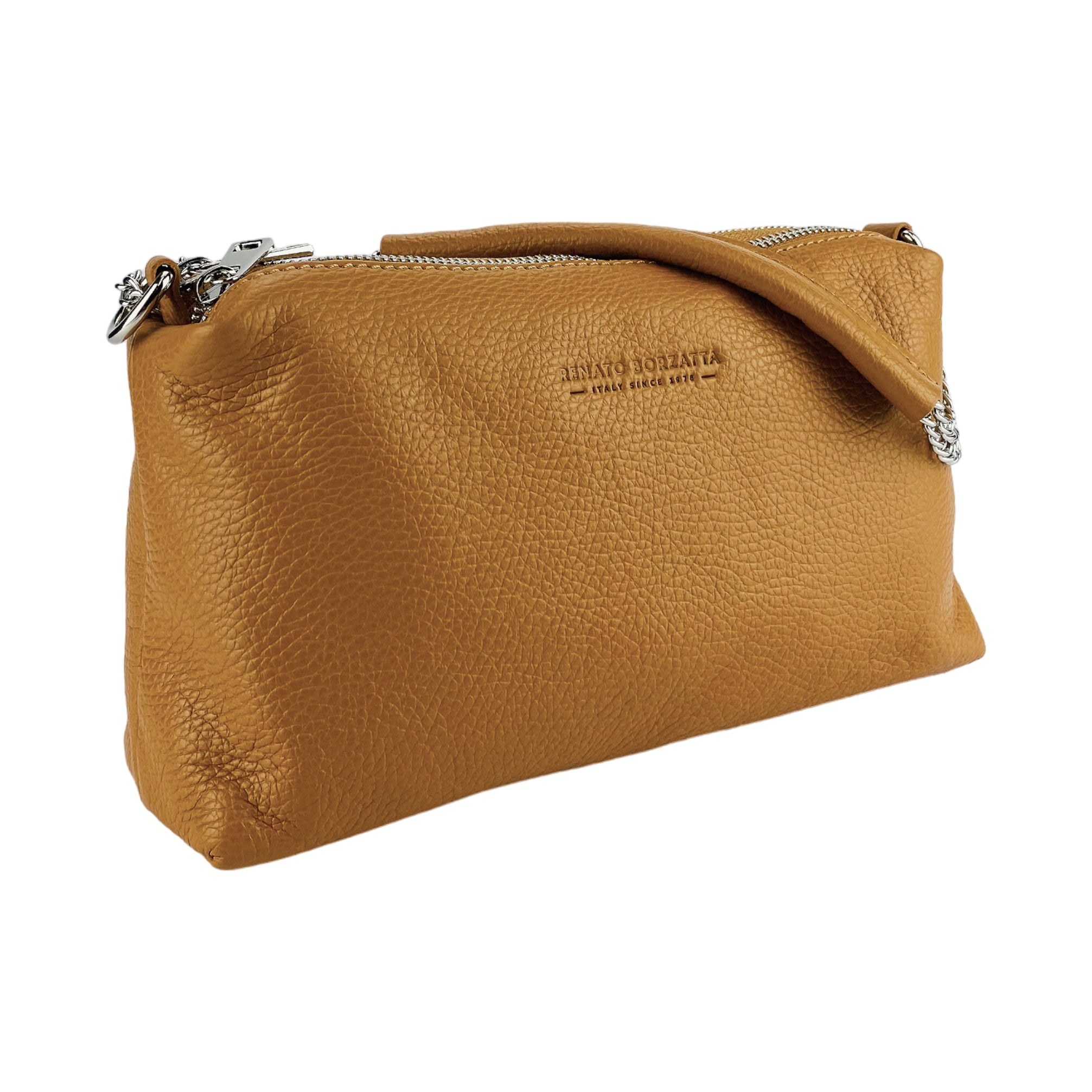 Women's Hand Bag with double zipper in Genuine Leather Made in Italy. Adjustable leather shoulder strap. Polished Nickel hardware - Cognac color
