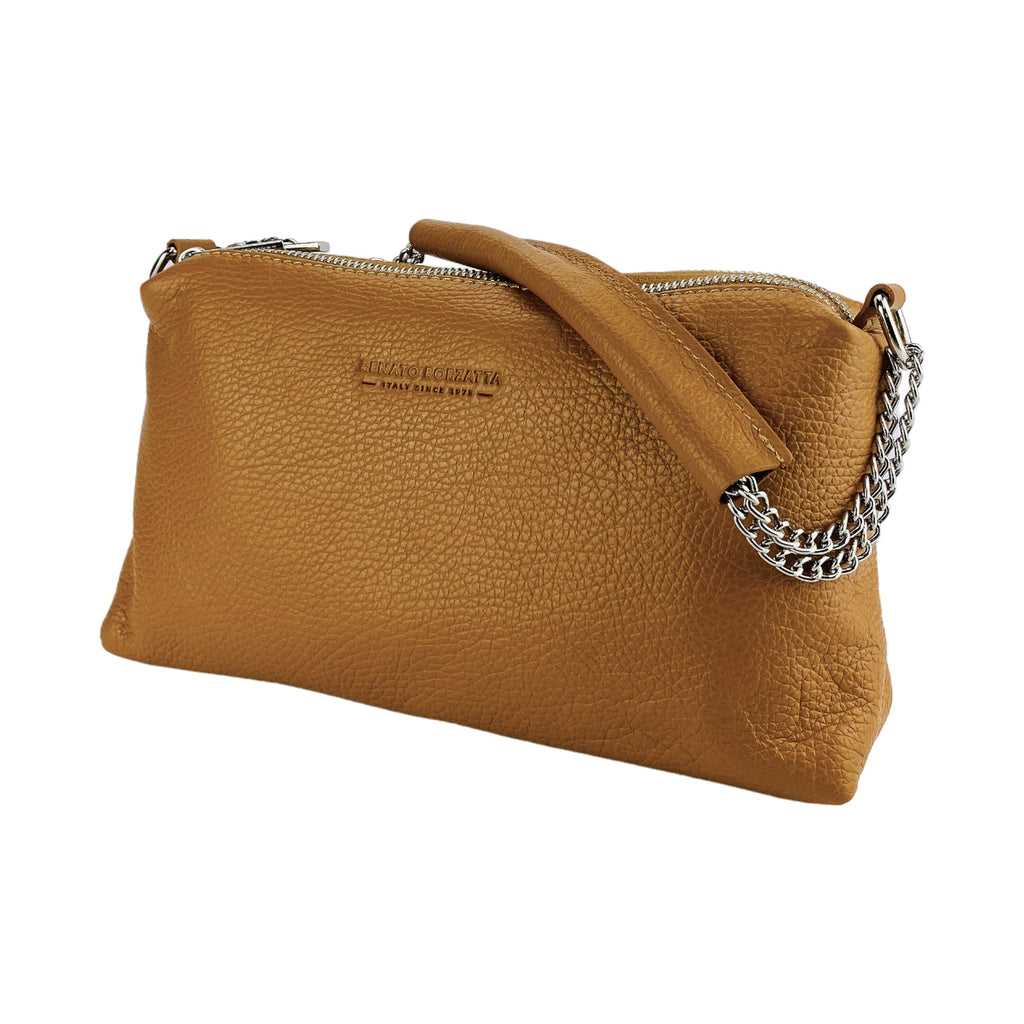 Women's Hand Bag with double zipper in Genuine Leather Made in Italy. Adjustable leather shoulder strap. Polished Nickel hardware - Cognac color