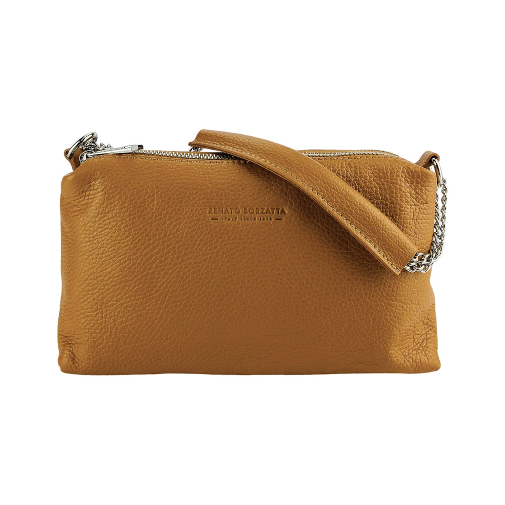 Women's Hand Bag with double zipper in Genuine Leather Made in Italy. Adjustable leather shoulder strap. Polished Nickel hardware - Cognac color