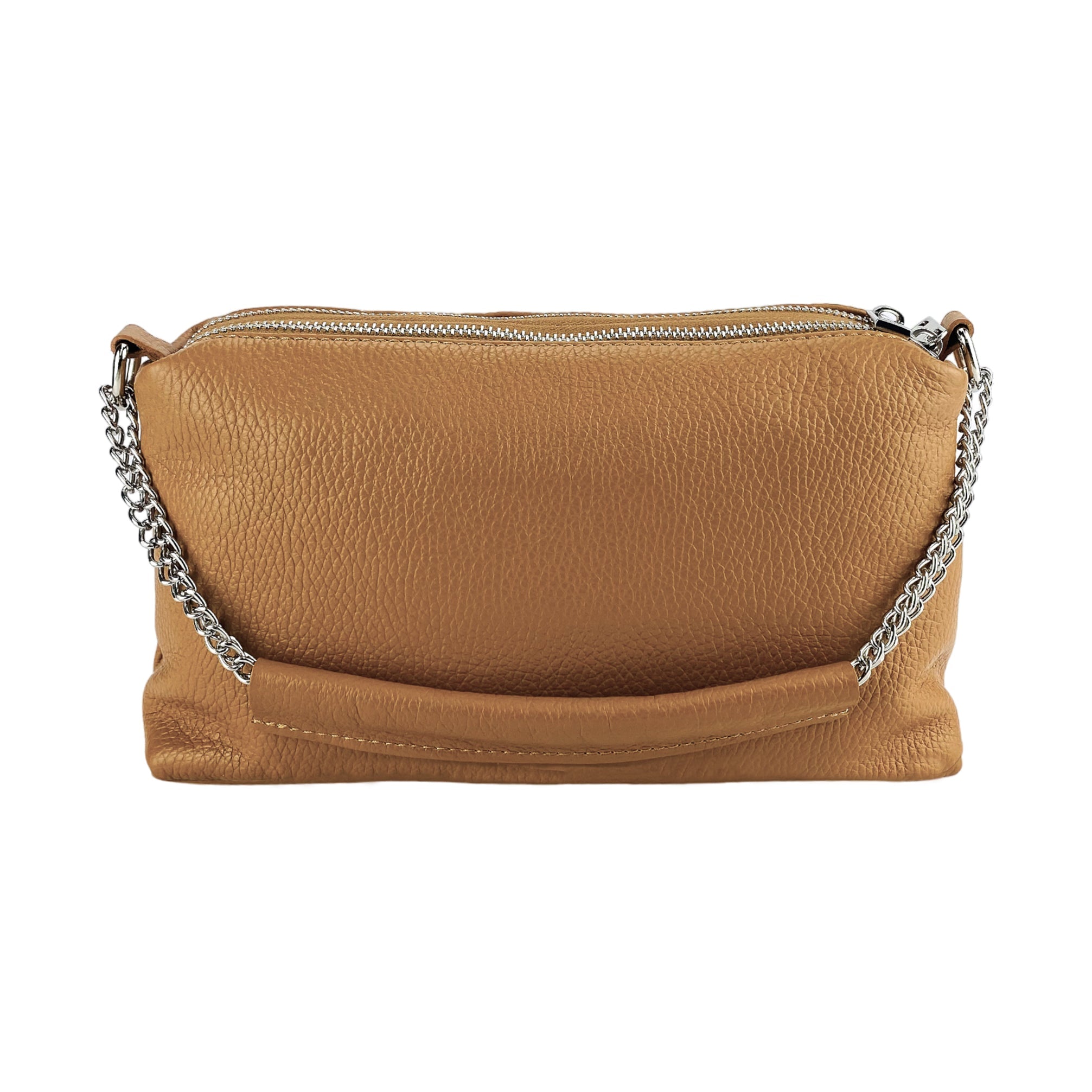 Women's Hand Bag with double zipper in Genuine Leather Made in Italy. Adjustable leather shoulder strap. Polished Nickel hardware - Cognac color