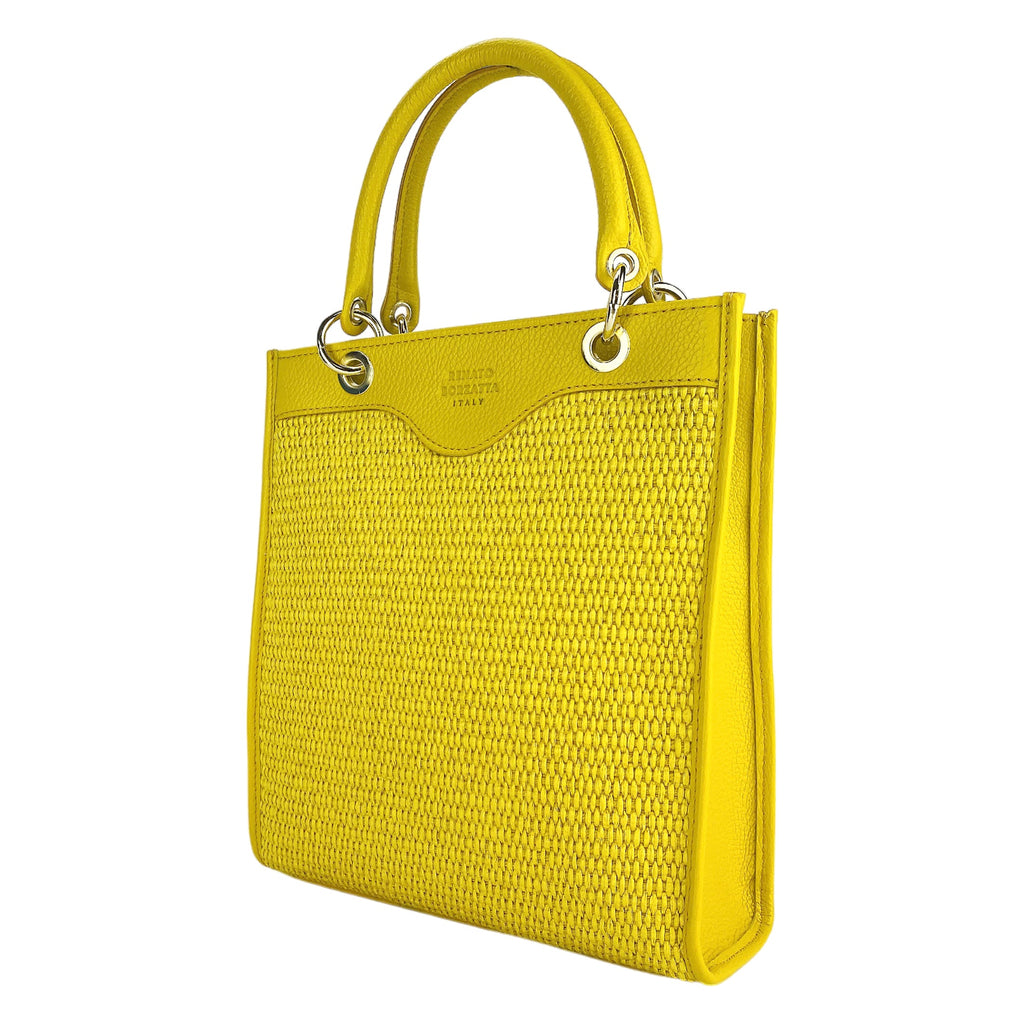 Women's upright hand bag in Genuine Leather and Straw Made in Italy. Removable and adjustable leather shoulder strap. Shiny Gold accessories - Yellow