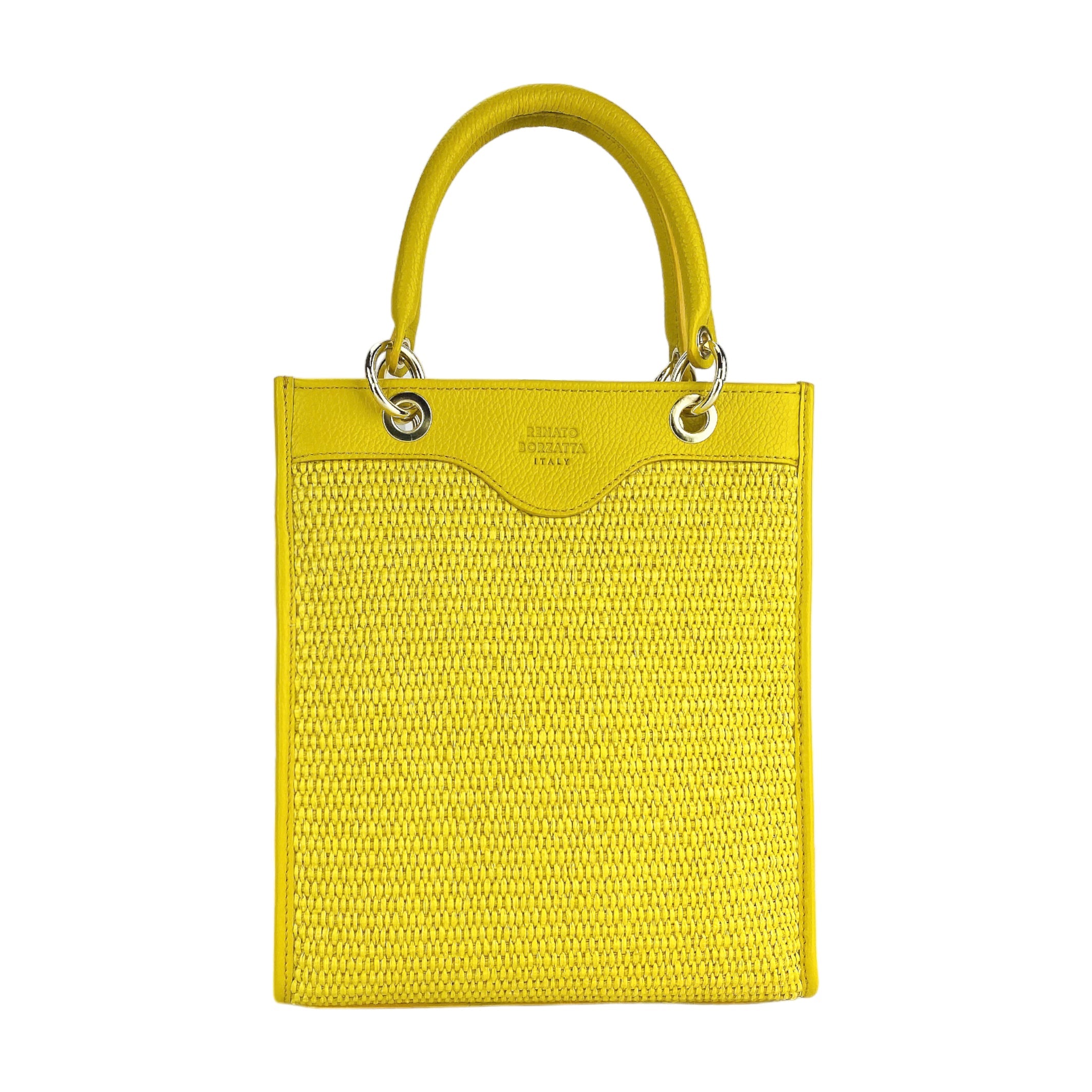Women's upright hand bag in Genuine Leather and Straw Made in Italy. Removable and adjustable leather shoulder strap. Shiny Gold accessories - Yellow