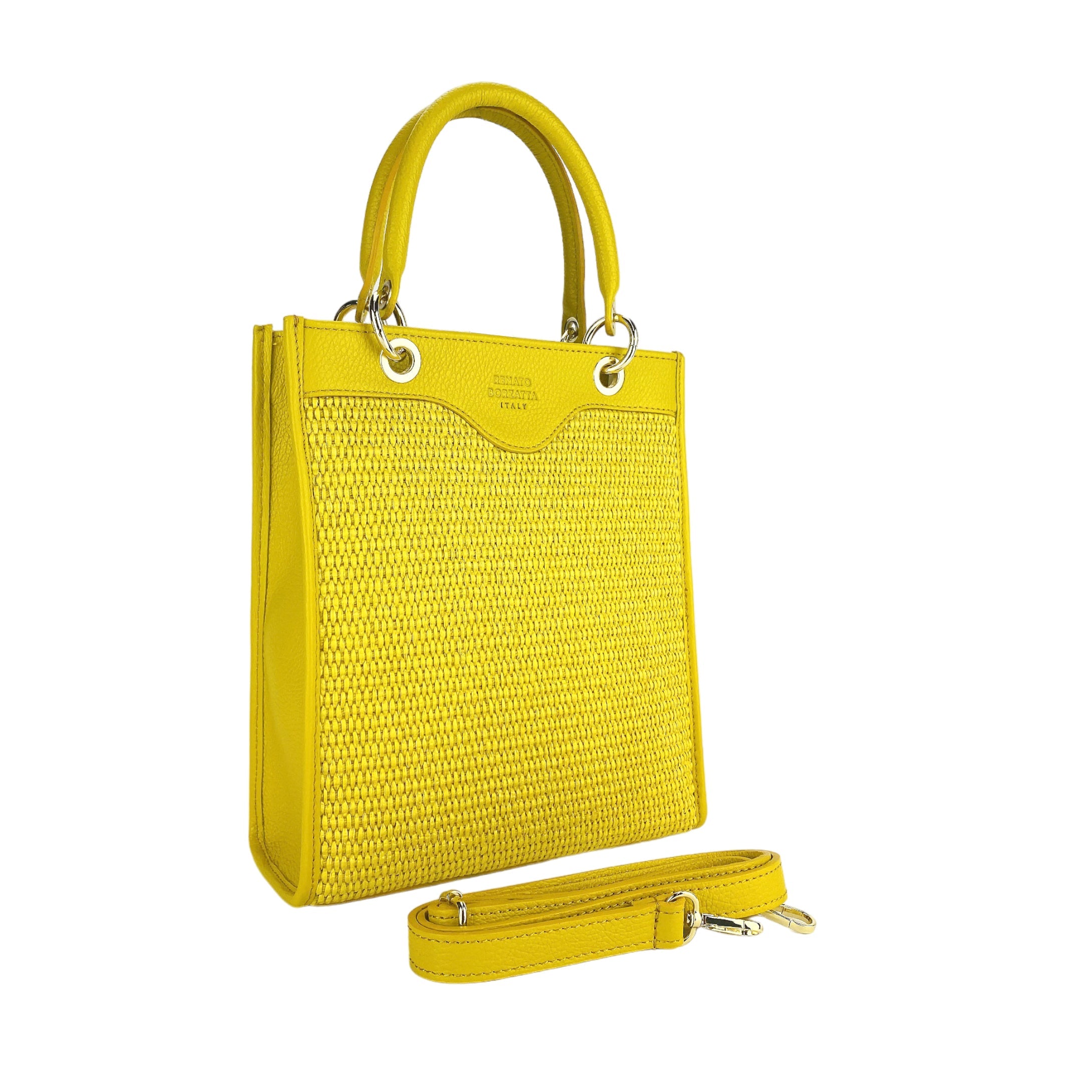 Women's upright hand bag in Genuine Leather and Straw Made in Italy. Removable and adjustable leather shoulder strap. Shiny Gold accessories - Yellow