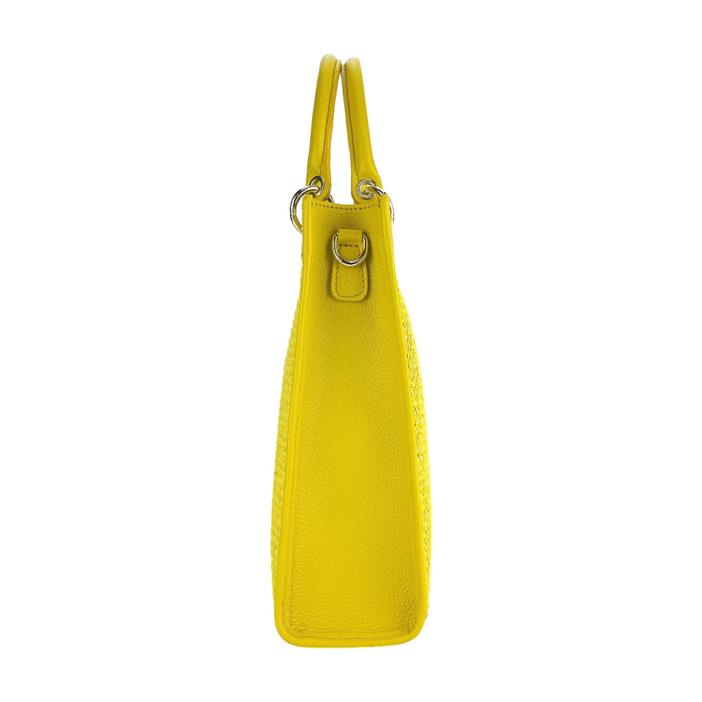 Women's upright hand bag in Genuine Leather and Straw Made in Italy. Removable and adjustable leather shoulder strap. Shiny Gold accessories - Yellow