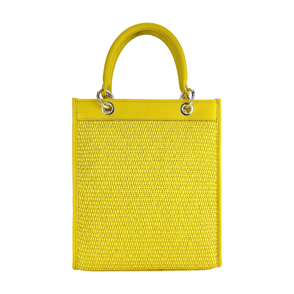 Women's upright hand bag in Genuine Leather and Straw Made in Italy. Removable and adjustable leather shoulder strap. Shiny Gold accessories - Yellow