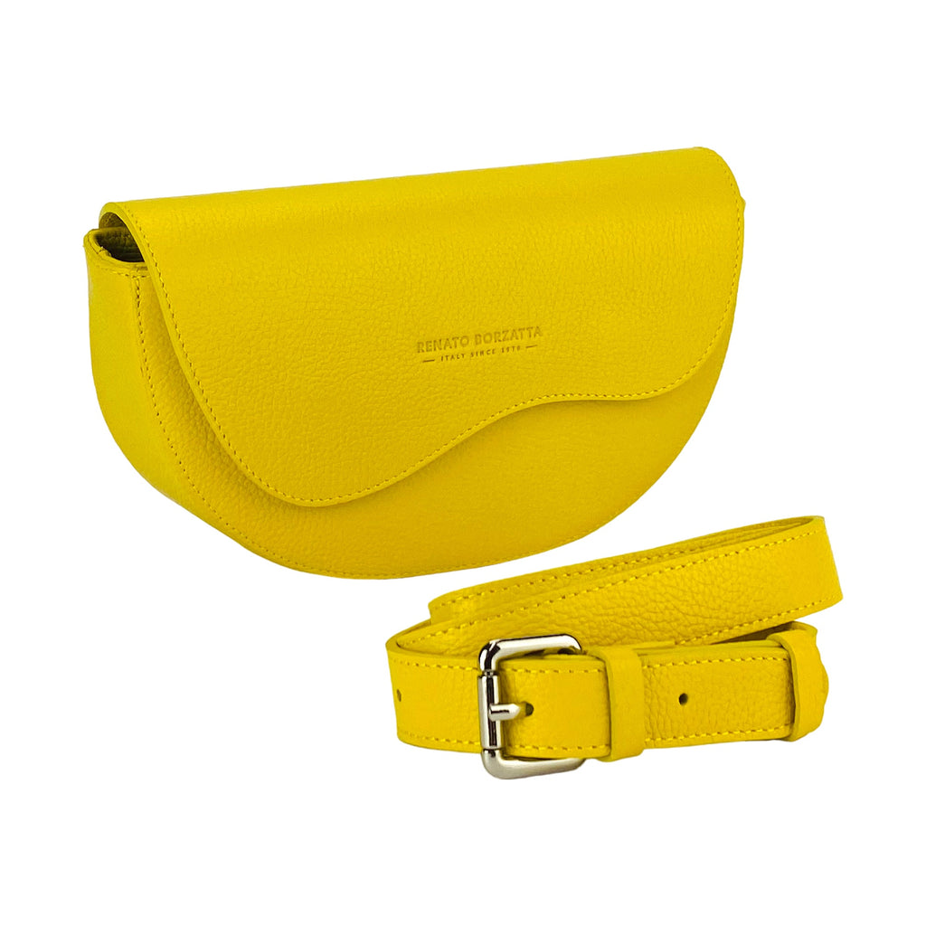 Women's Rounded Bandolier Bag in Genuine Leather Made in Italy. Removable and adjustable leather shoulder strap. Polished Nickel hardware - Yellow