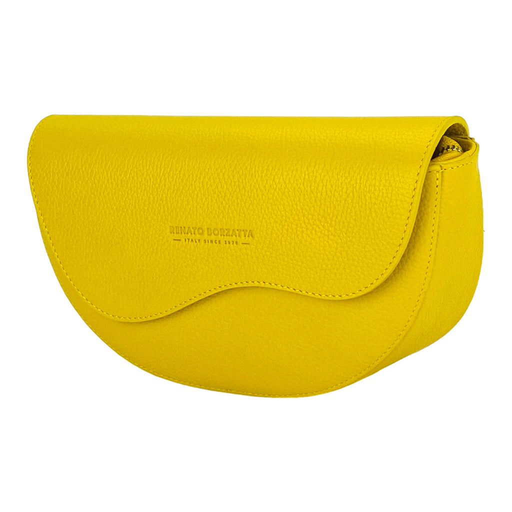 Women's Rounded Bandolier Bag in Genuine Leather Made in Italy. Removable and adjustable leather shoulder strap. Polished Nickel hardware - Yellow