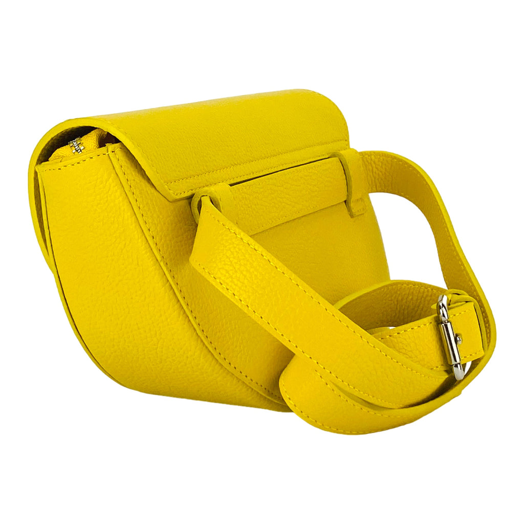 Women's Rounded Bandolier Bag in Genuine Leather Made in Italy. Removable and adjustable leather shoulder strap. Polished Nickel hardware - Yellow