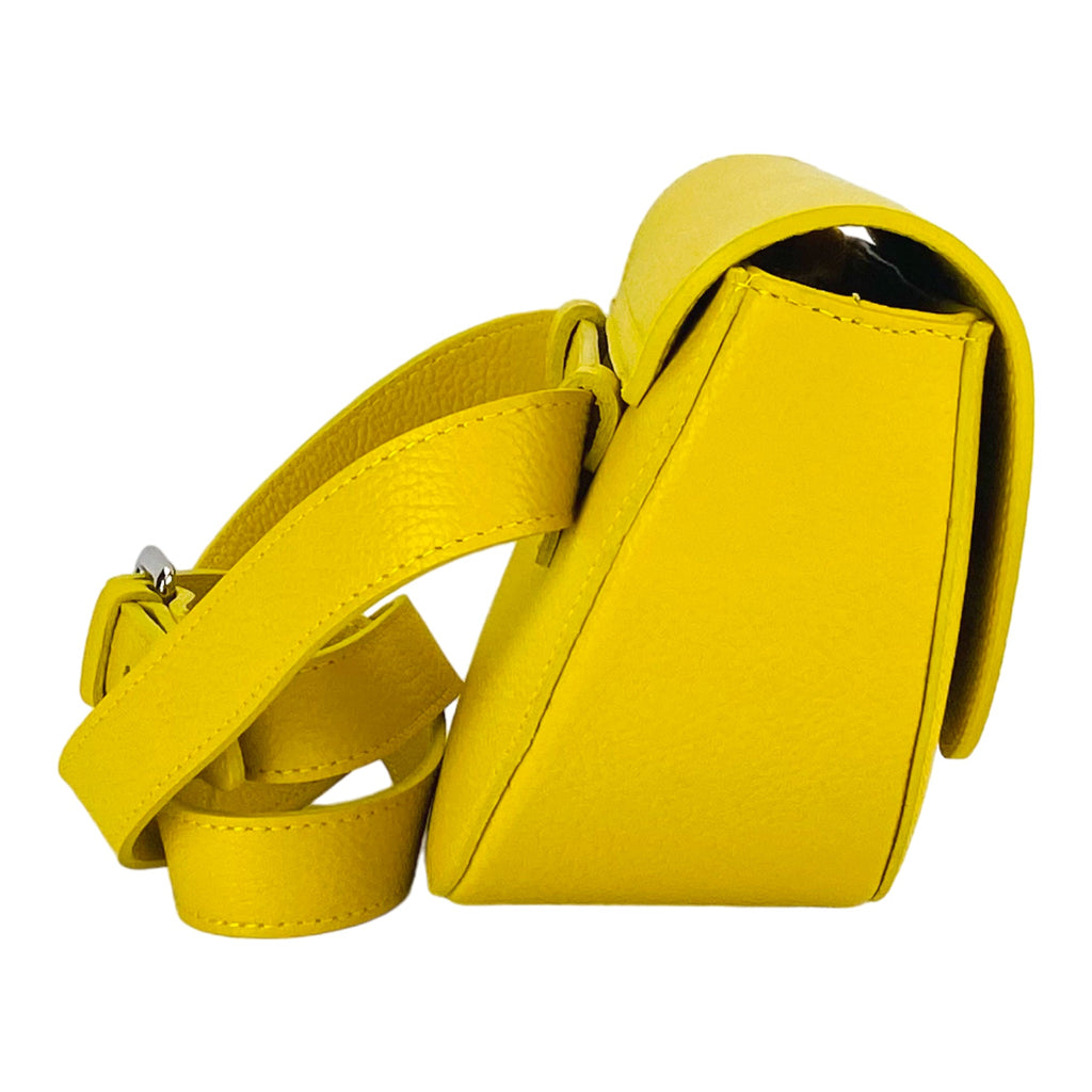 Women's Rounded Bandolier Bag in Genuine Leather Made in Italy. Removable and adjustable leather shoulder strap. Polished Nickel hardware - Yellow