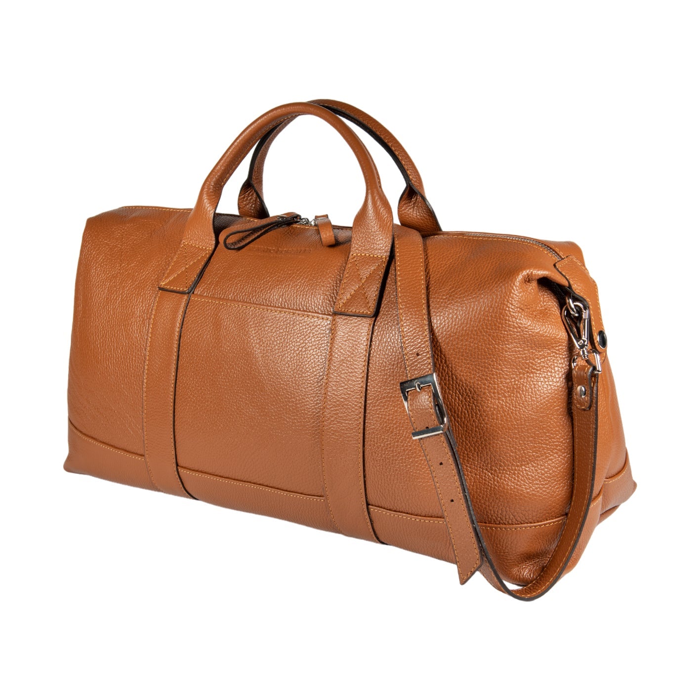 Made in Italy Genuine Leather Travel Duffle Bag with Adjustable and Removable Shoulder Strap. Zipper Closure and Shiny Nickel Metal Accessories - Cognac Color
