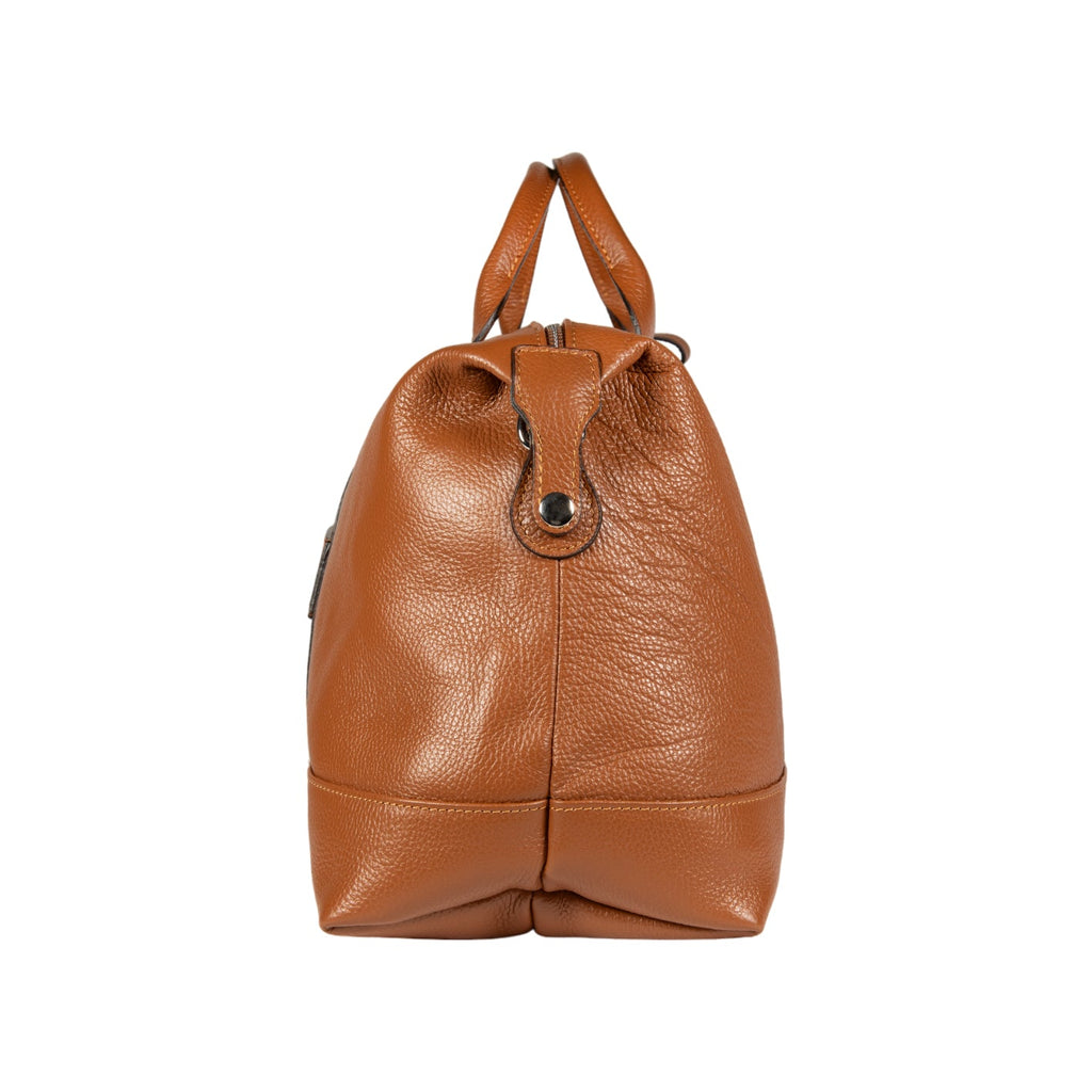Made in Italy Genuine Leather Travel Duffle Bag with Adjustable and Removable Shoulder Strap. Zipper Closure and Shiny Nickel Metal Accessories - Cognac Color