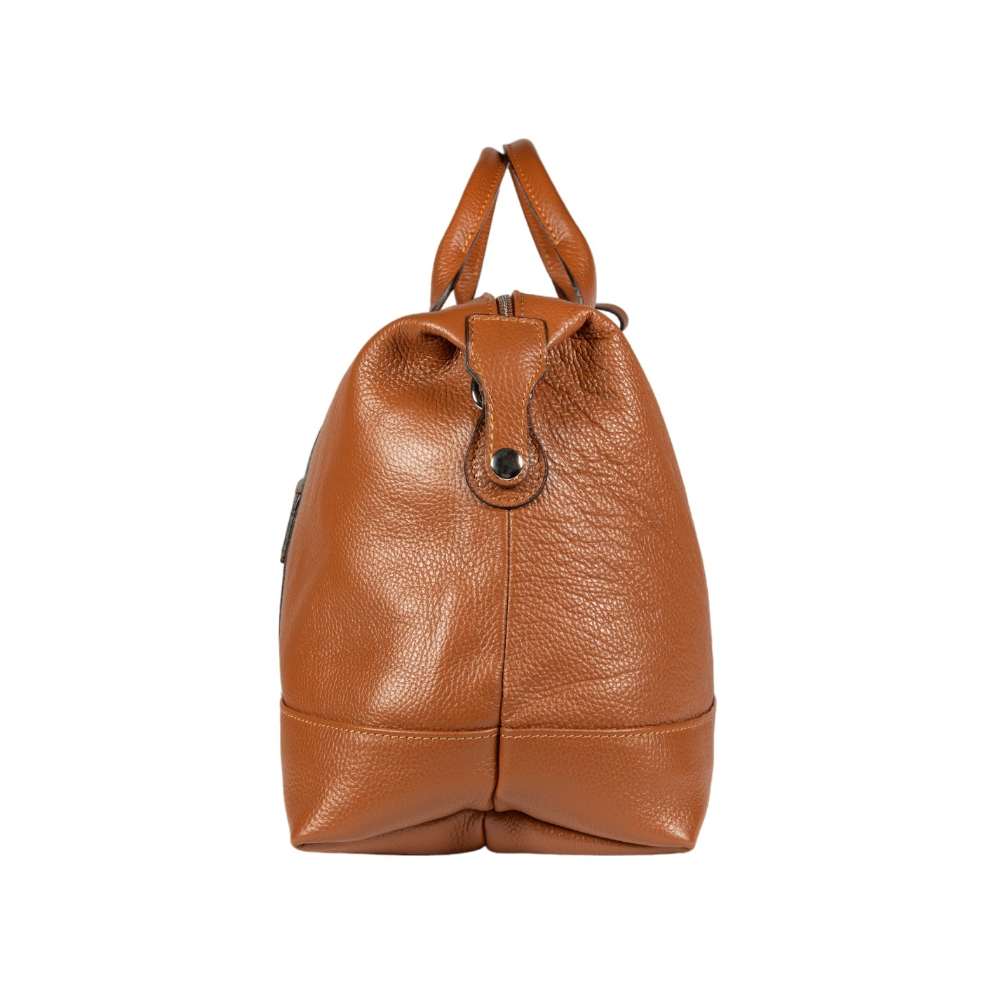 Made in Italy Genuine Leather Travel Duffle Bag with Adjustable and Removable Shoulder Strap. Zipper Closure and Shiny Nickel Metal Accessories - Cognac Color