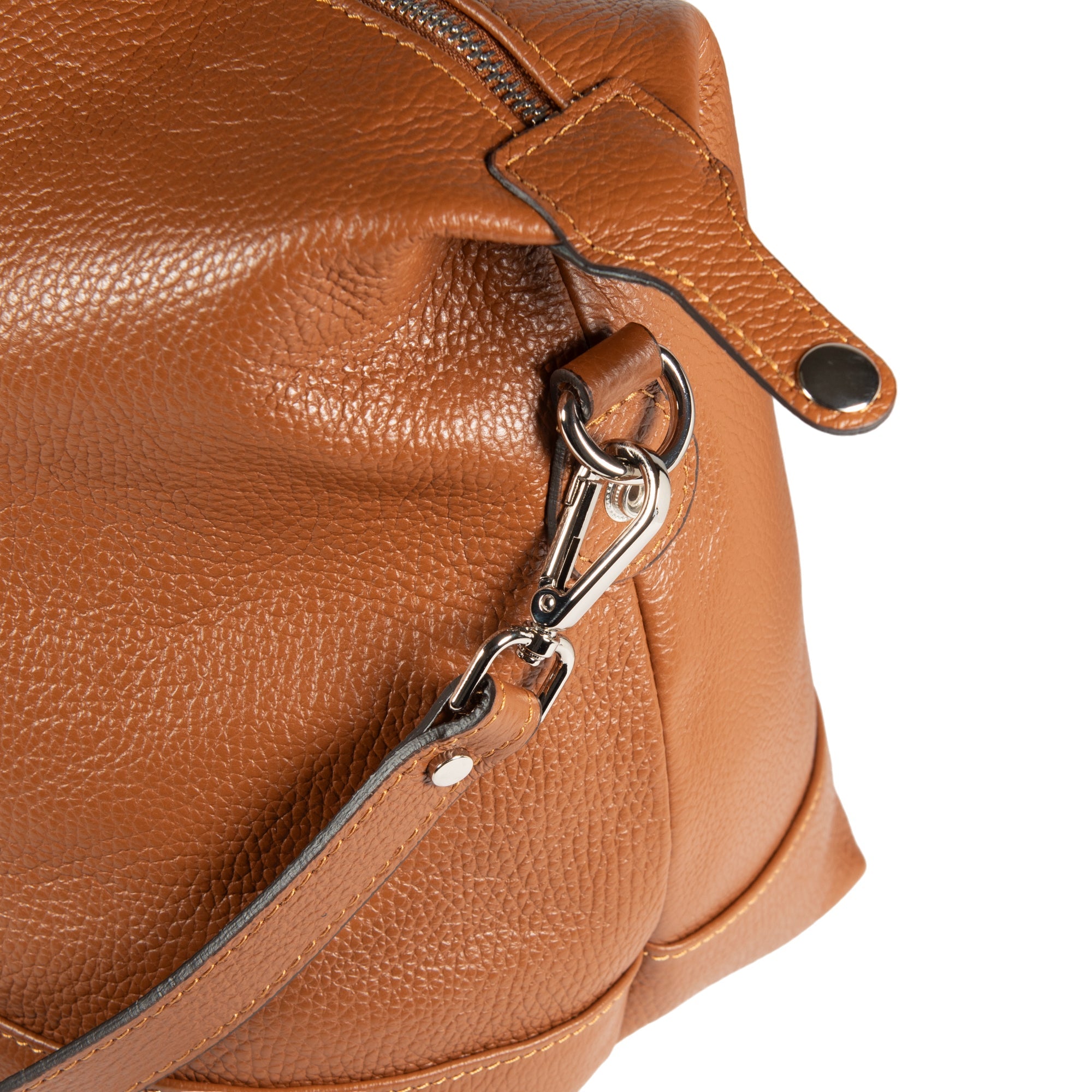 Made in Italy Genuine Leather Travel Duffle Bag with Adjustable and Removable Shoulder Strap. Zipper Closure and Shiny Nickel Metal Accessories - Cognac Color