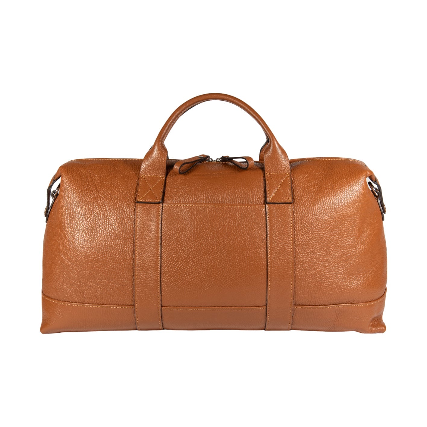 Made in Italy Genuine Leather Travel Duffle Bag with Adjustable and Removable Shoulder Strap. Zipper Closure and Shiny Nickel Metal Accessories - Cognac Color