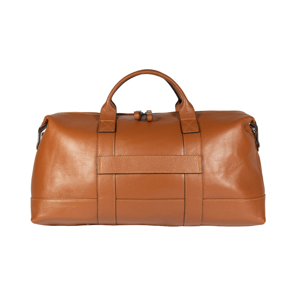 Made in Italy Genuine Leather Travel Duffle Bag with Adjustable and Removable Shoulder Strap. Zipper Closure and Shiny Nickel Metal Accessories - Cognac Color