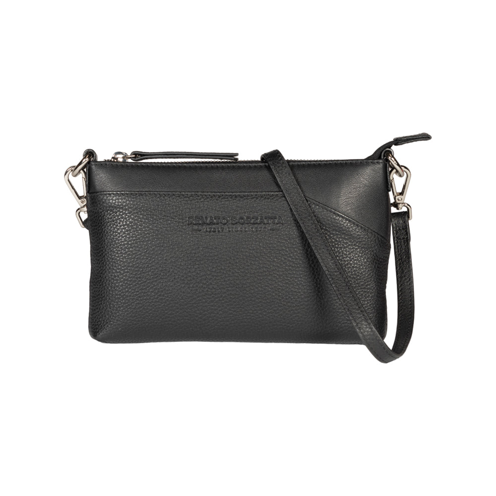 full-grain leather shoulder/wrist bag, dollar/light grain. Removable shoulder strap and handle - Black