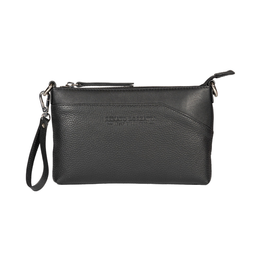 full-grain leather shoulder/wrist bag, dollar/light grain. Removable shoulder strap and handle - Black