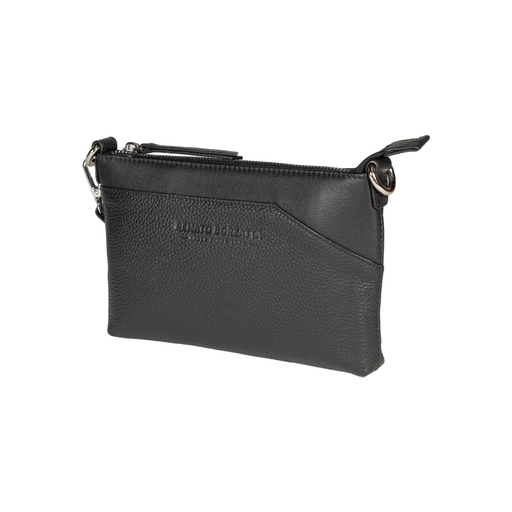 full-grain leather shoulder/wrist bag, dollar/light grain. Removable shoulder strap and handle - Black