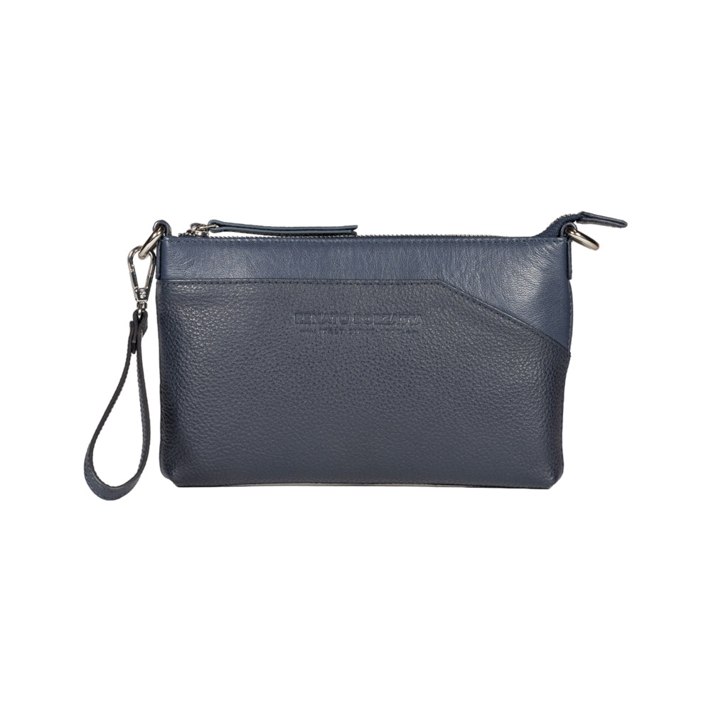 Genuine full-grain leather shoulder/wrist bag, dollar/light grain. Removable shoulder strap and handle - Blue