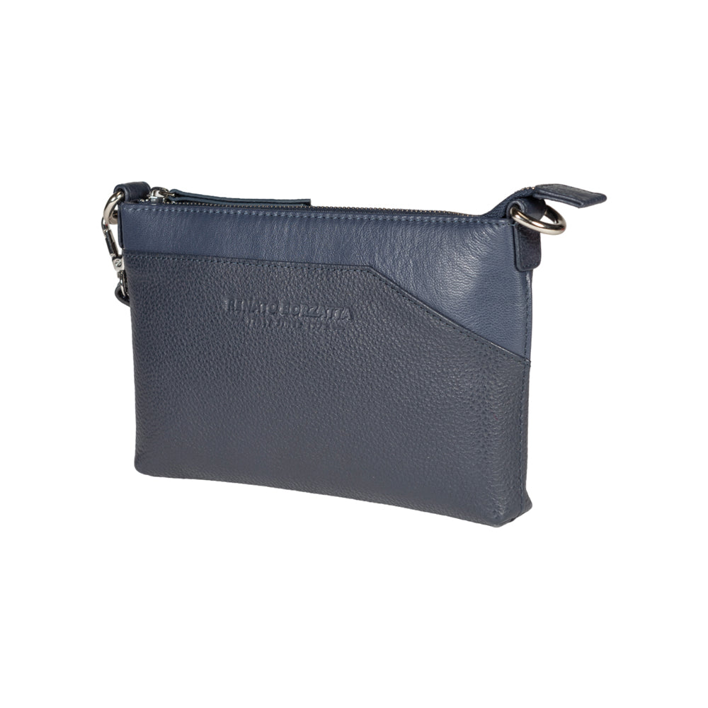 Genuine full-grain leather shoulder/wrist bag, dollar/light grain. Removable shoulder strap and handle - Blue