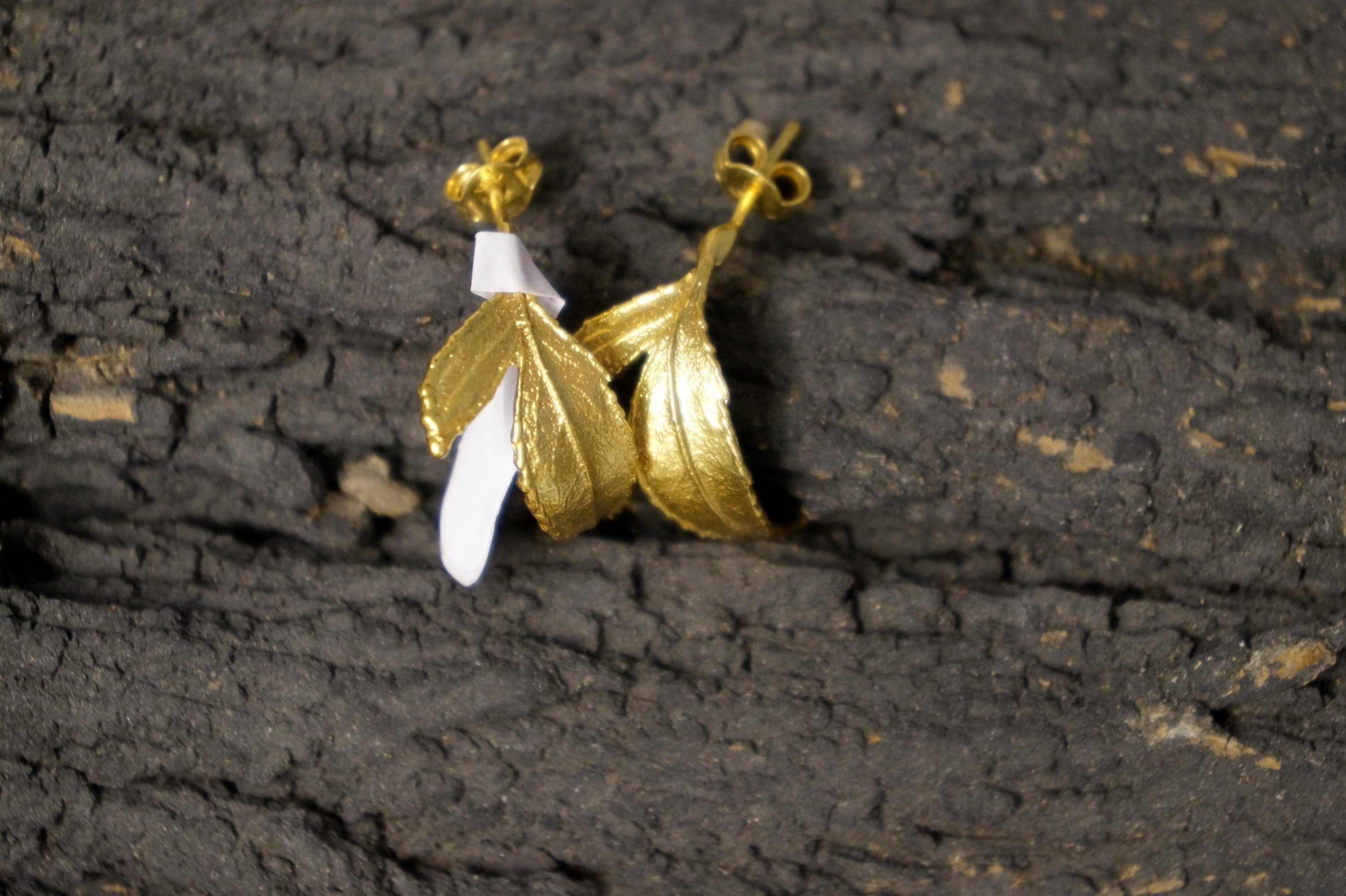 Hoop Earrings: Real Rose Leaves - Gold Plated Sterling Silver-2