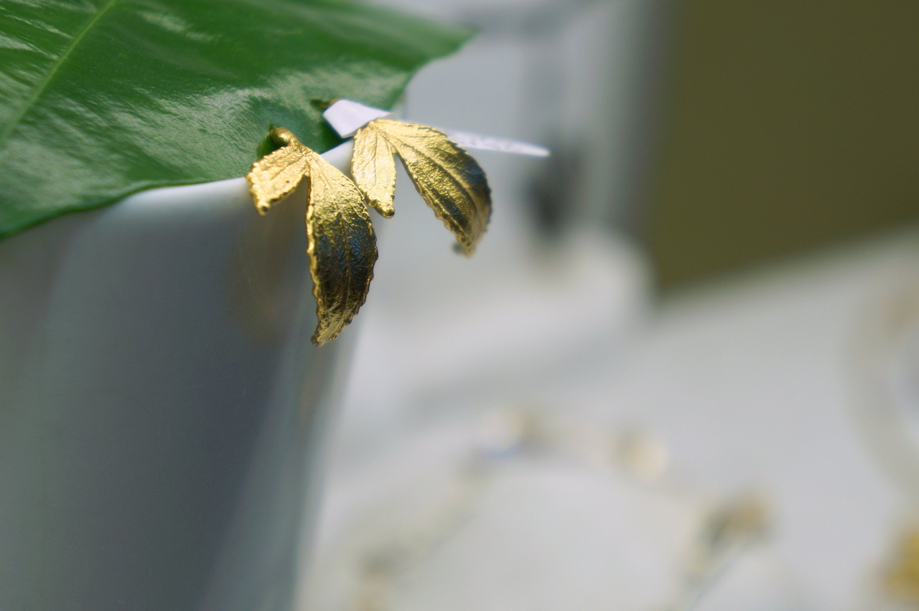 Hoop Earrings: Real Rose Leaves - Gold Plated Sterling Silver-1