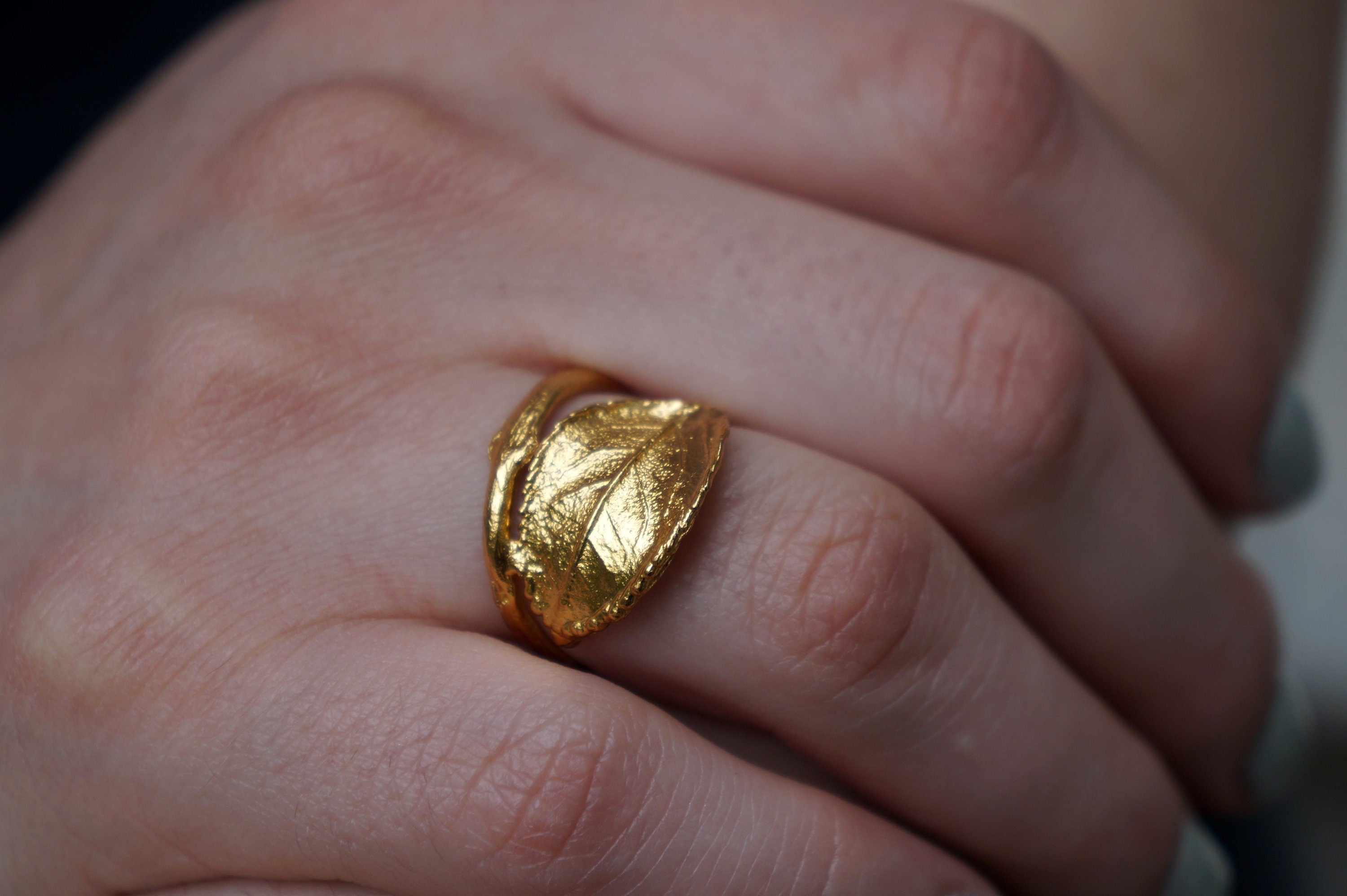 Rose Leaf Ring: Delicate Twig Motif - 18k Gold Plated Brass-2