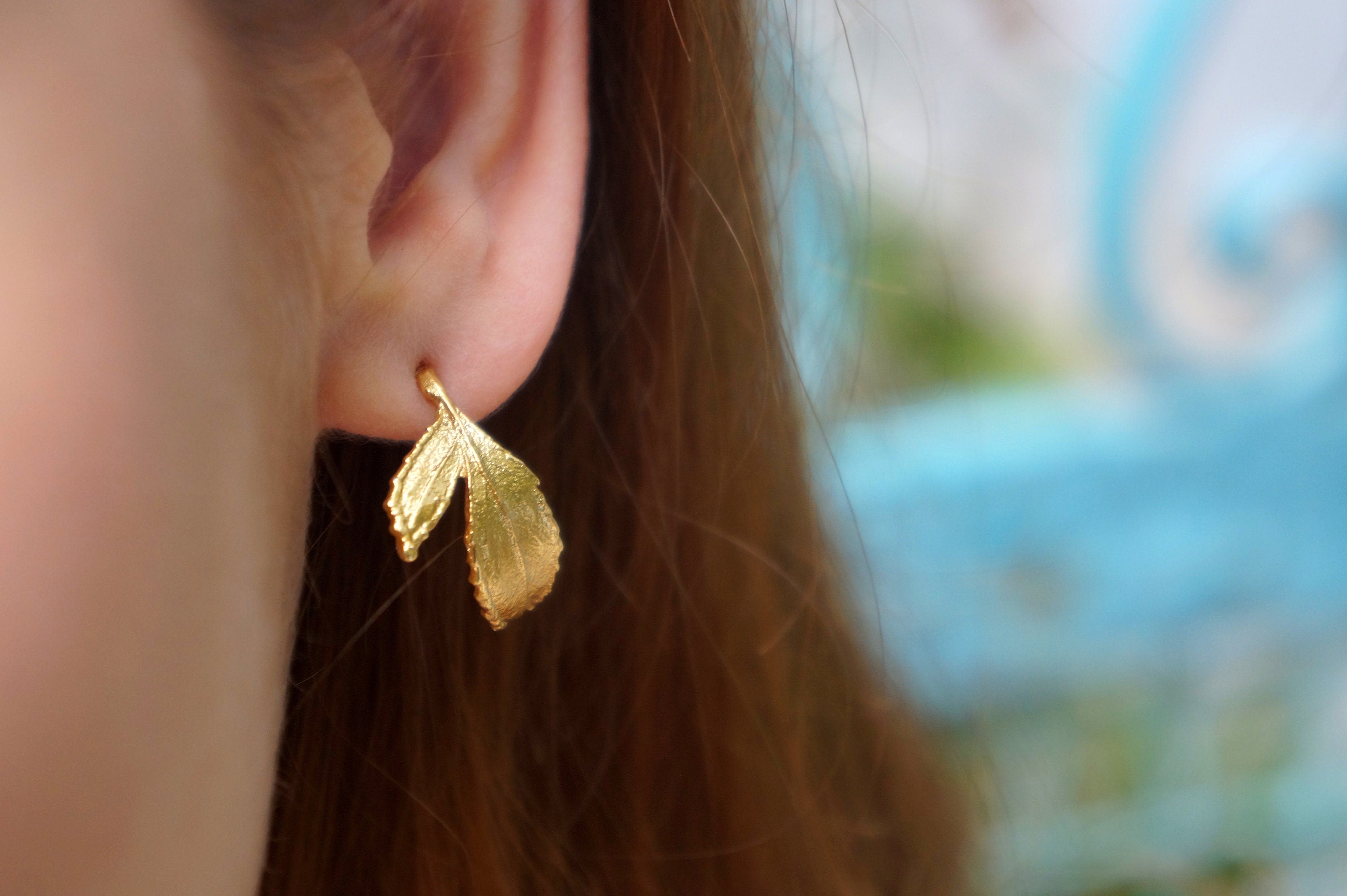 Hoop Earrings: Real Rose Leaves - Gold Plated Sterling Silver-0