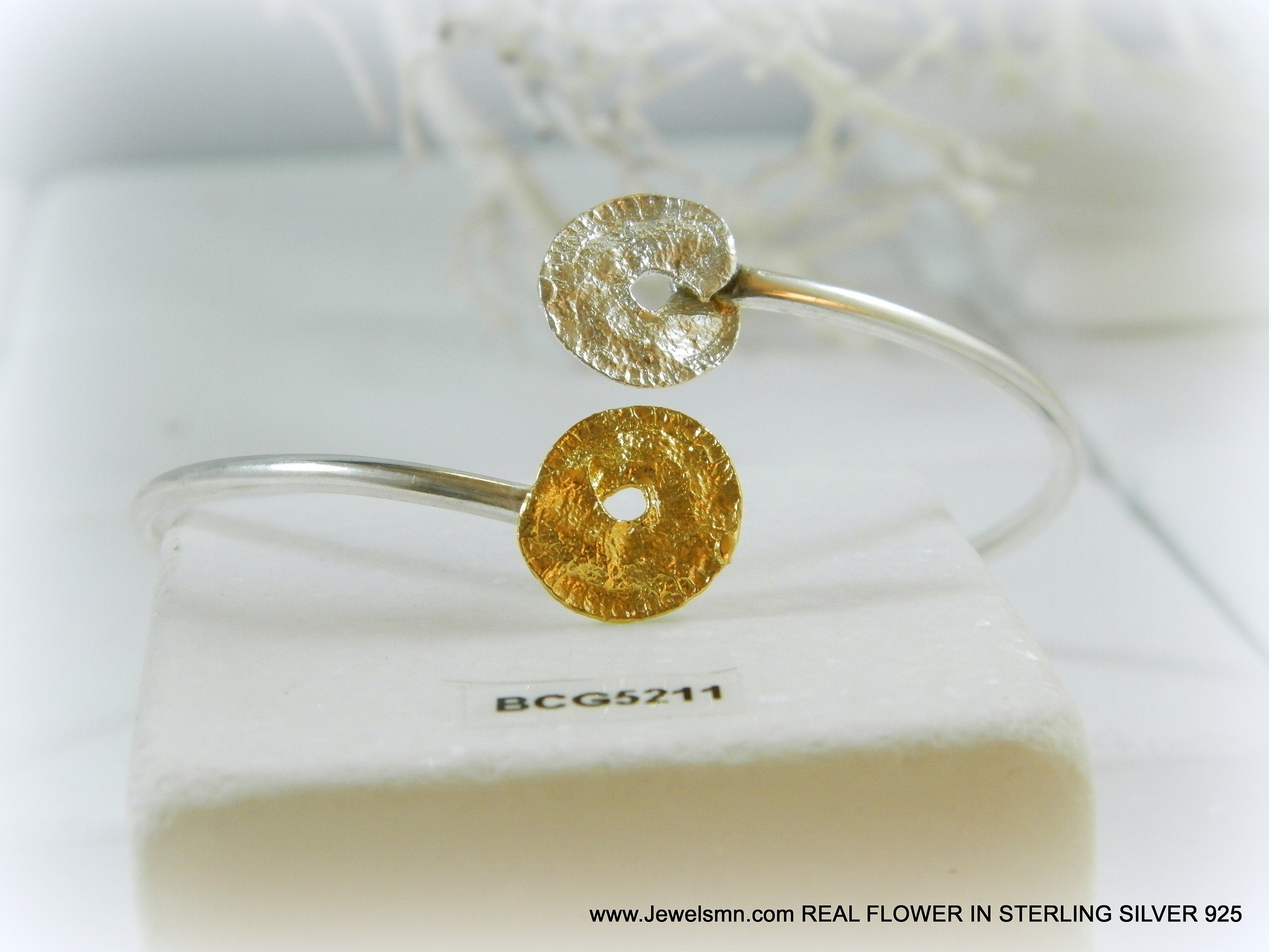 Leaf Cuff Bracelet: Handmade Sterling Silver and Gold Plating (Adjustable)-0