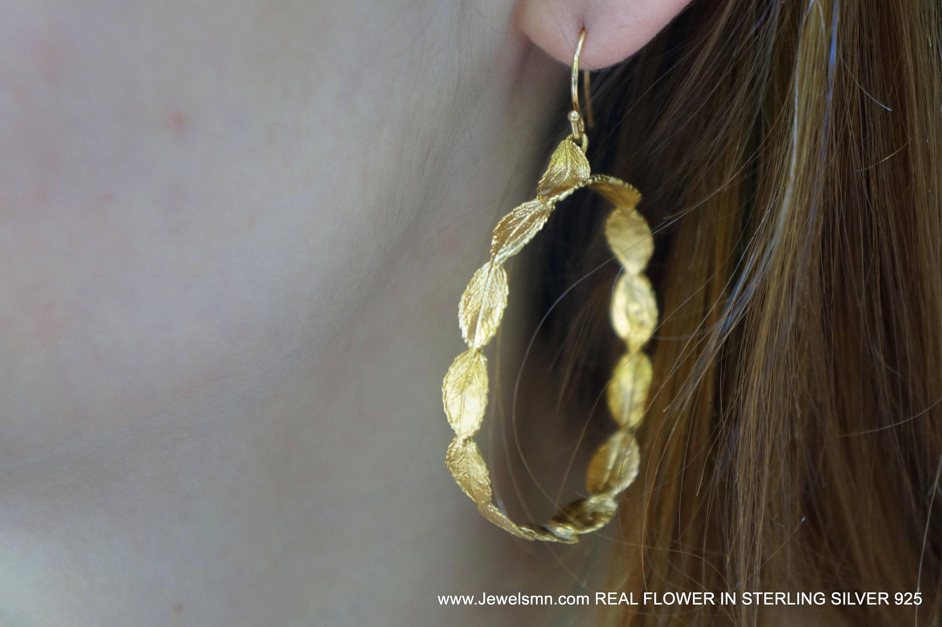 Delicate Rose Leaf Hoop Earrings: Tiny Botanical Gold-Plated Brass Hoops-1